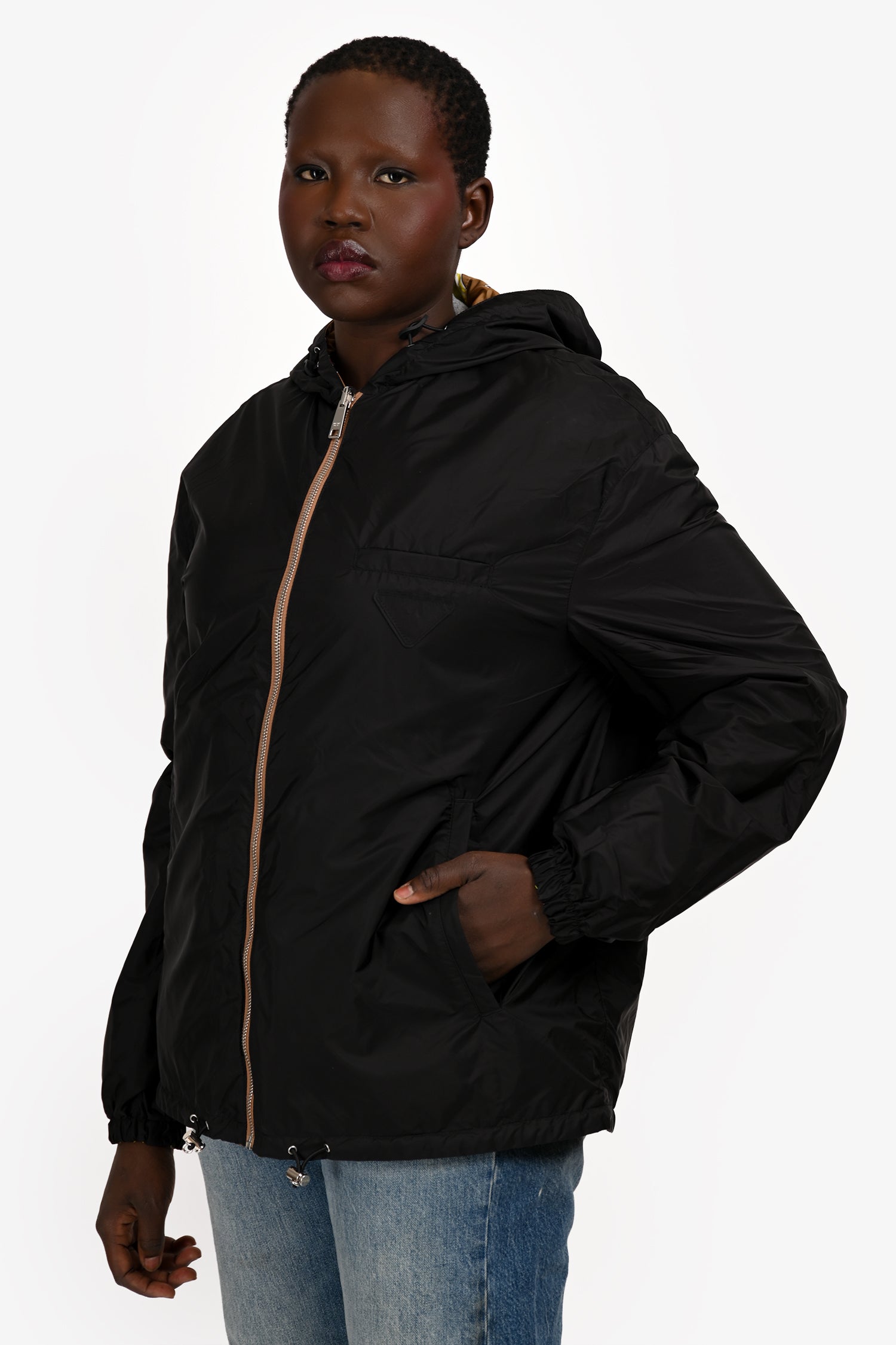Prada 2019 Black/Brown Patterned Reversible Windbreaker Jacket Size L Mens