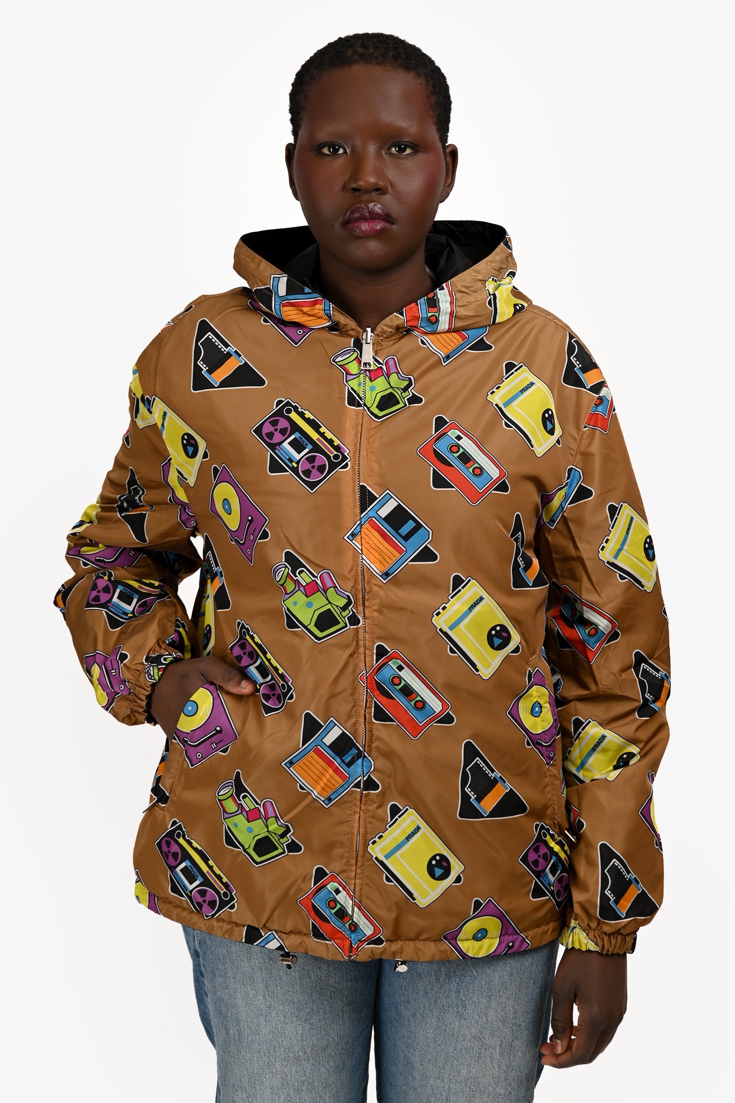 Prada 2019 Black/Brown Patterned Reversible Windbreaker Jacket Size L Mens