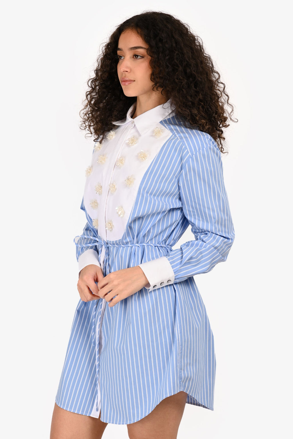 Cinq à Sept Blue/Cream Pinstripe Bead Embellished Collared Dress Size S