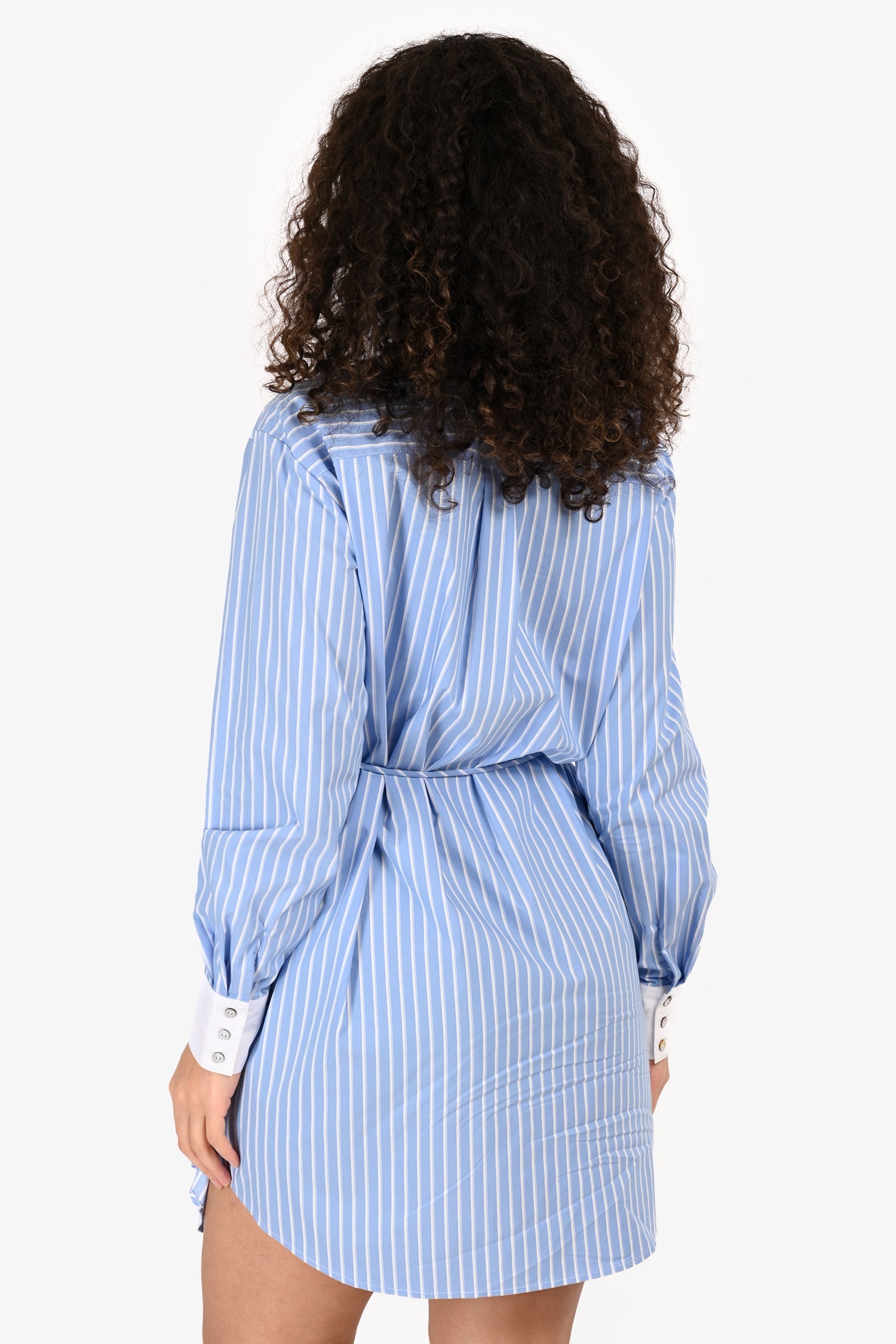Cinq à Sept Blue/Cream Pinstripe Bead Embellished Collared Dress Size S