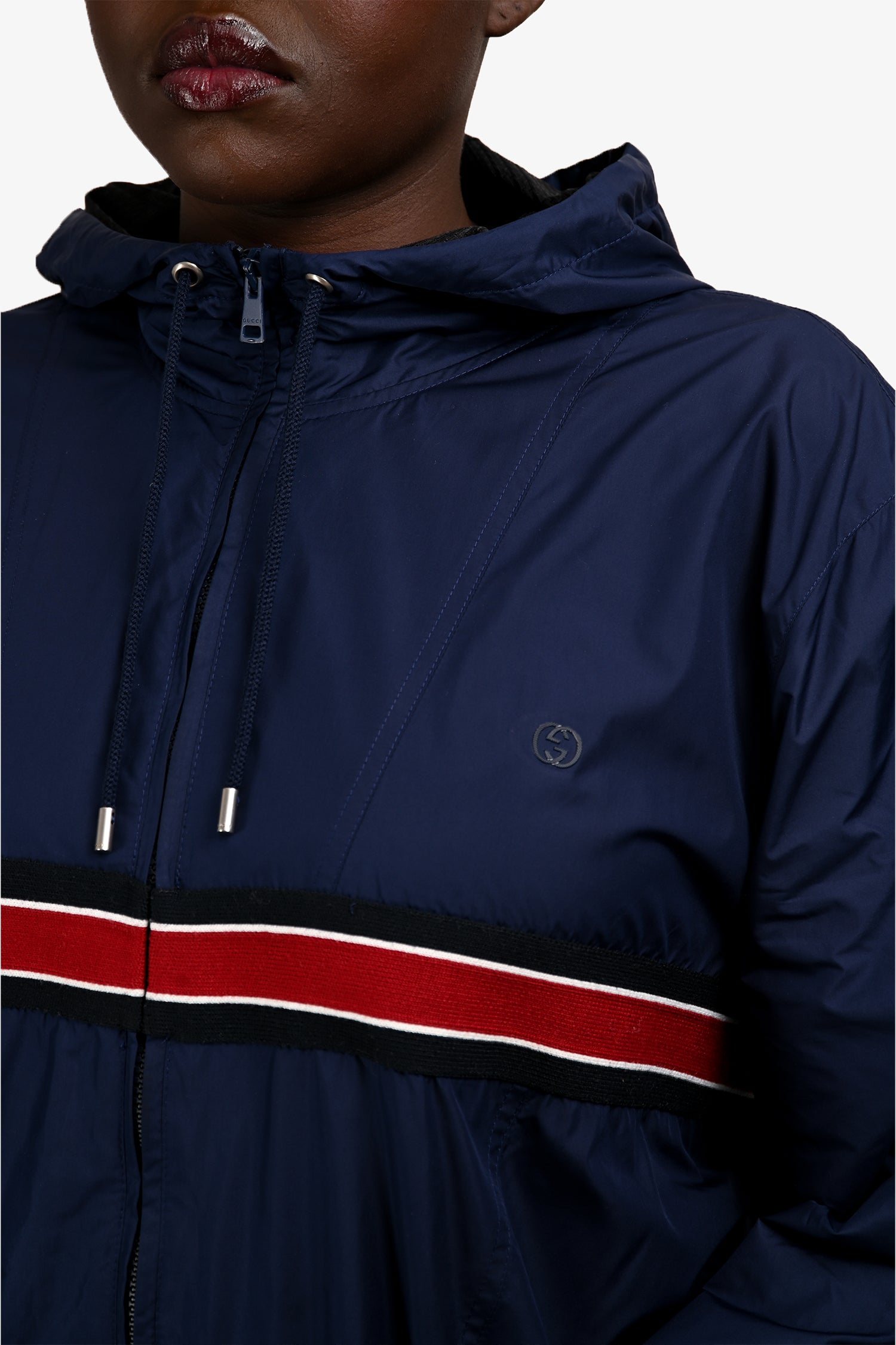 Gucci Navy/Red Hooded Windbreaker Jacket Size XXL Mens