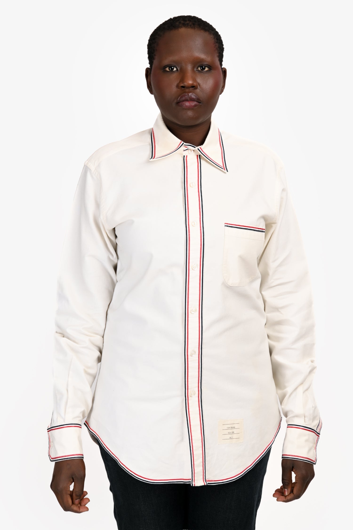 Thom Browne Cream/Red Linen Button Up Long Sleeve Shirt Size 3 Mens
