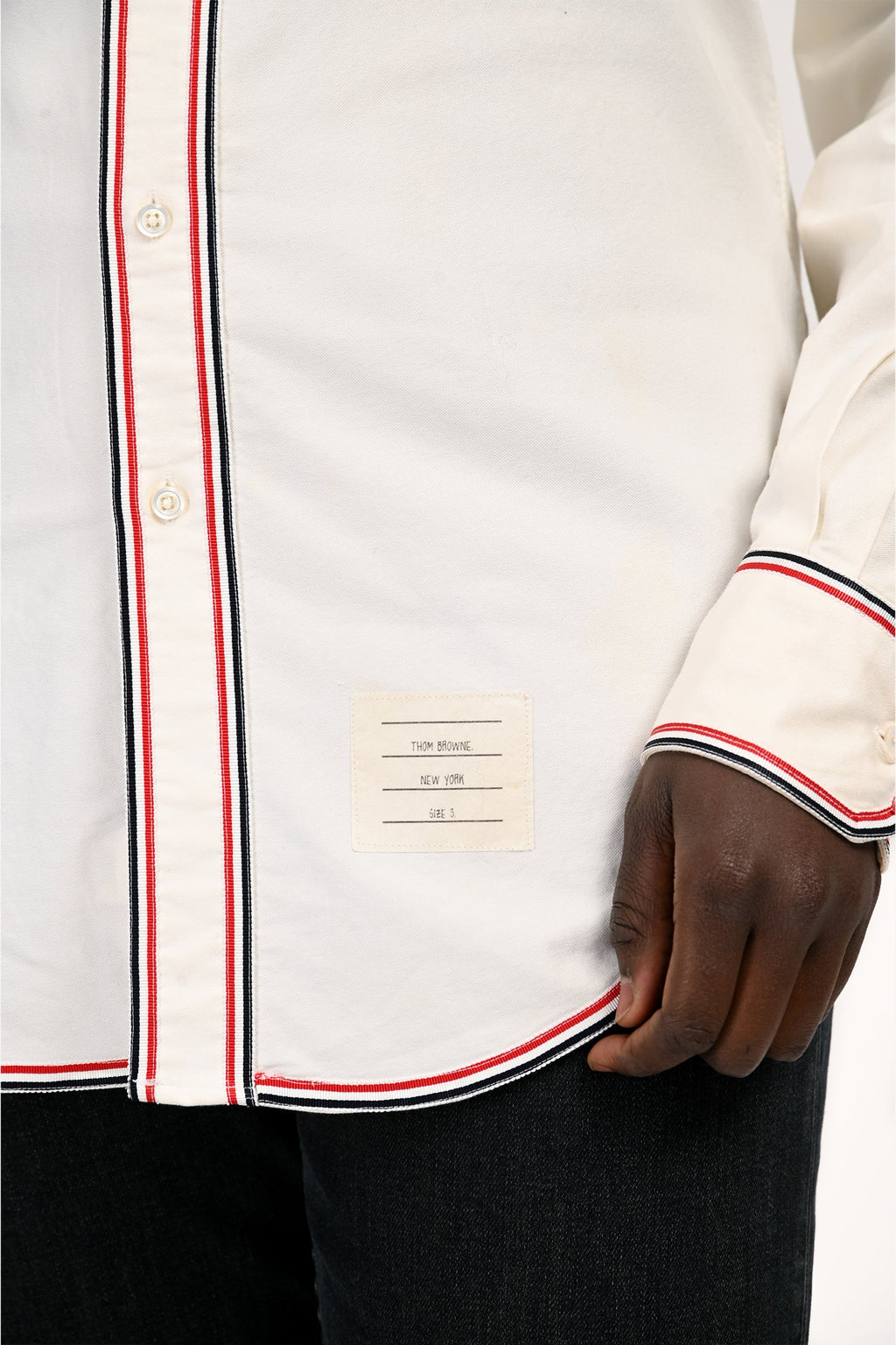 Thom Browne Cream/Red Linen Button Up Long Sleeve Shirt Size 3 Mens