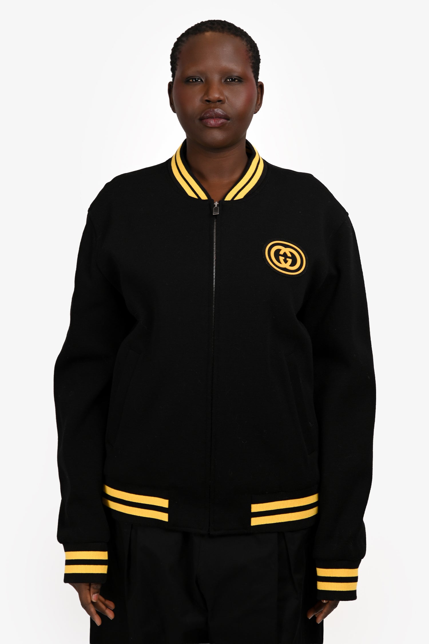 Gucci Black/Yellow Knit Ribbed Sleeves Logo Bomber Jacket Size 54 Mens
