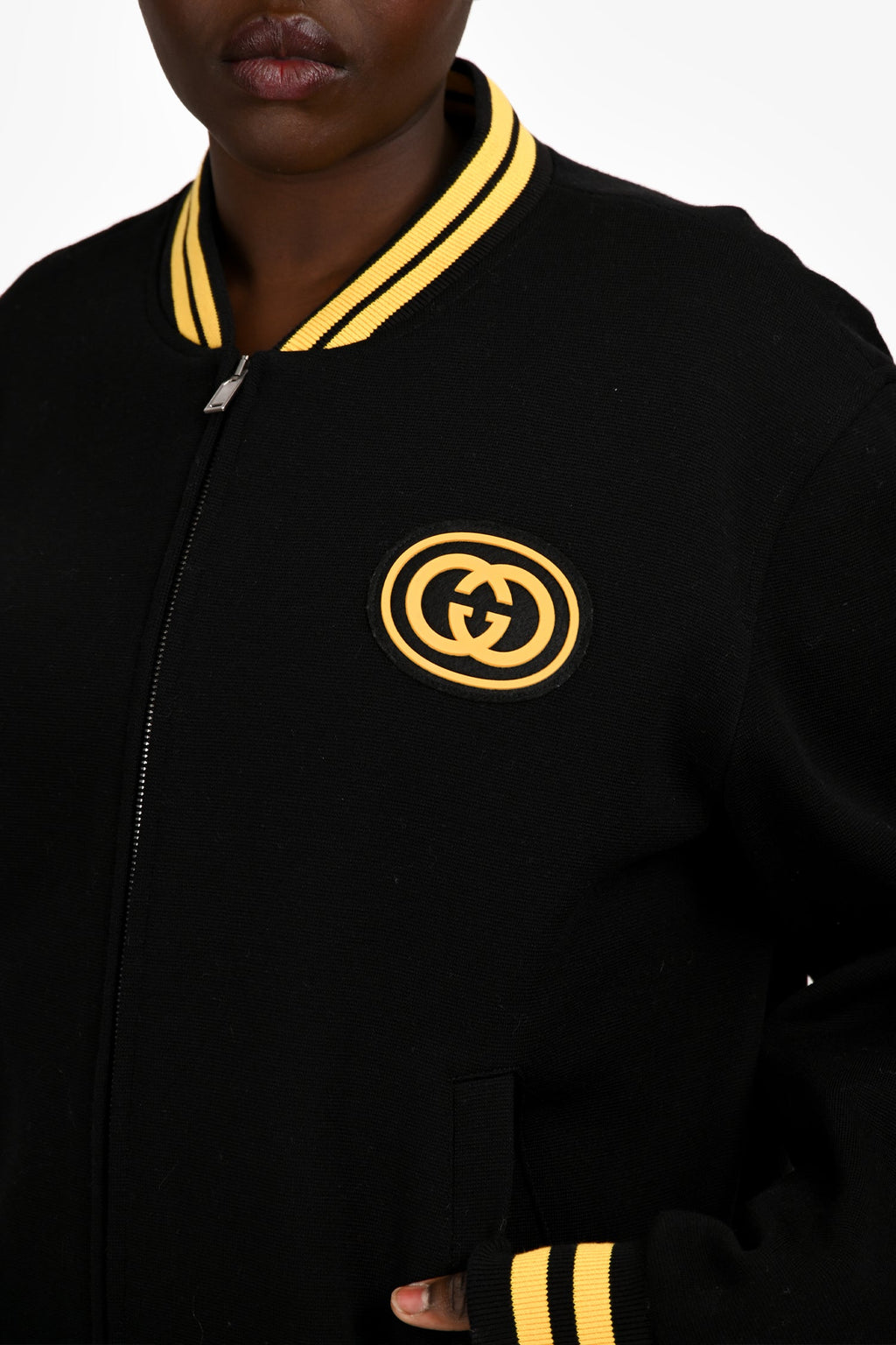 Gucci Black/Yellow Knit Ribbed Sleeves Logo Bomber Jacket Size 54 Mens