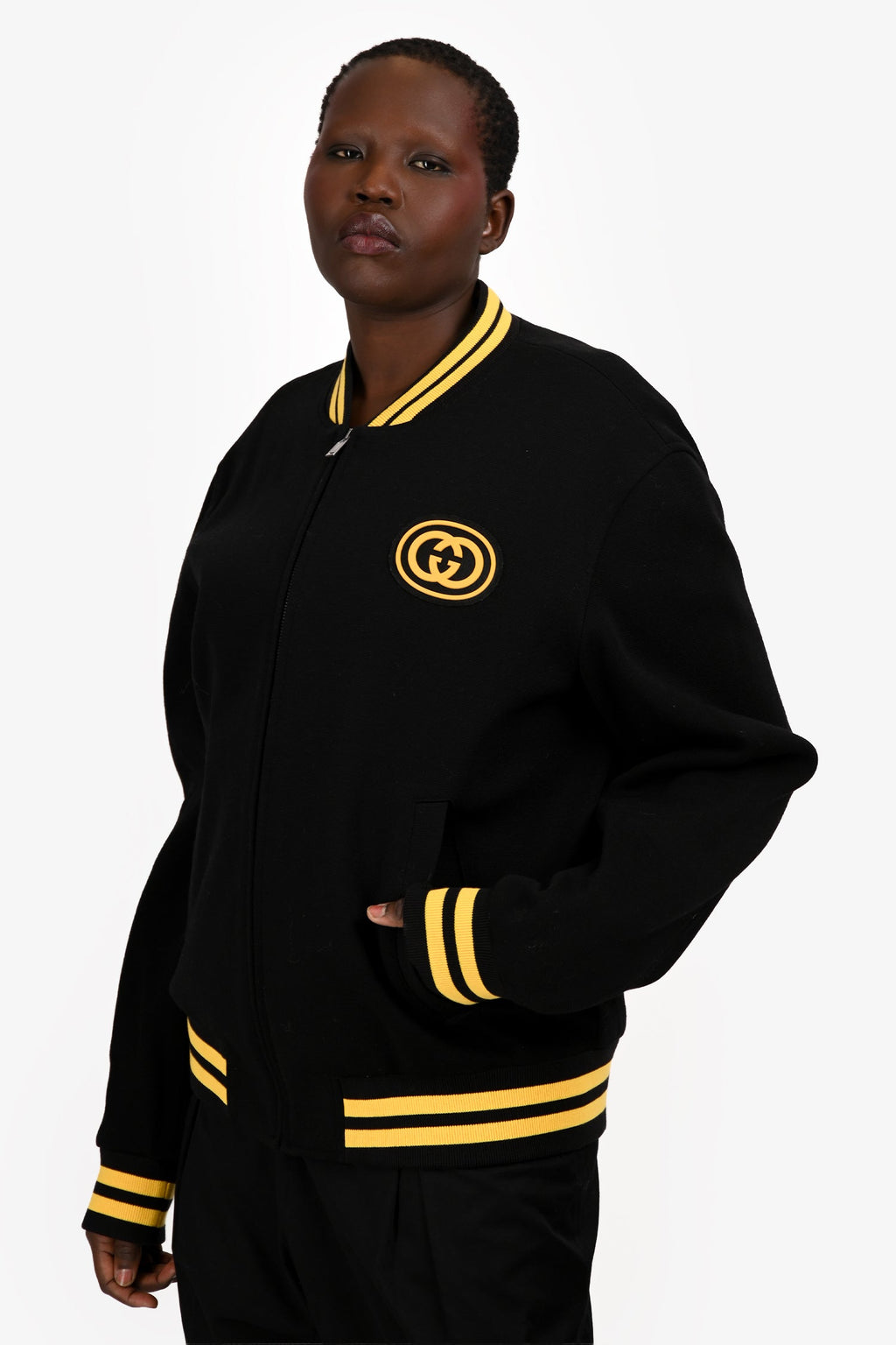 Gucci Black/Yellow Knit Ribbed Sleeves Logo Bomber Jacket Size 54 Mens
