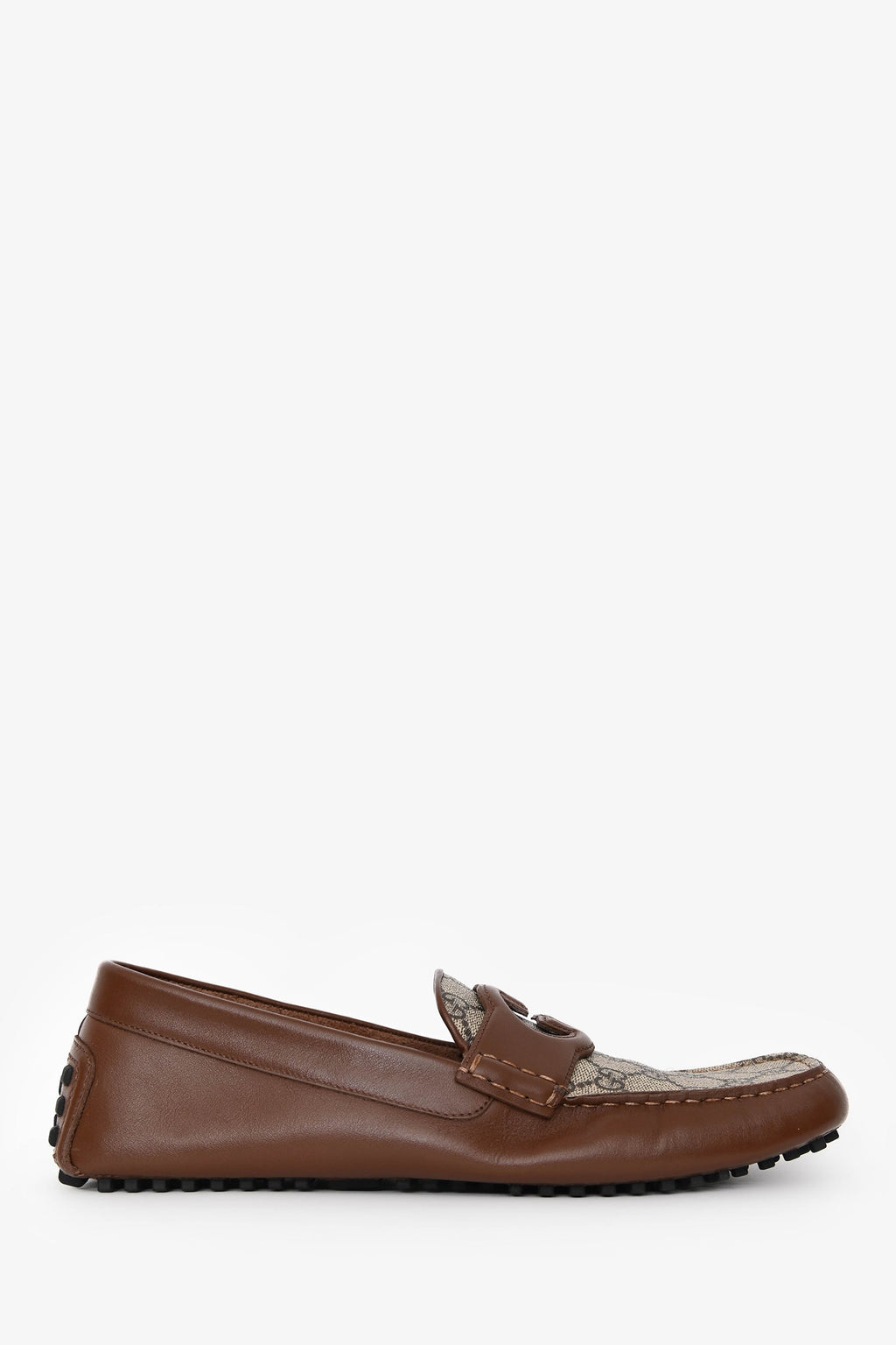 Gucci GG Supreme Canvas/Brown Leather Trim Driving Loafers Size 10.5 Mens
