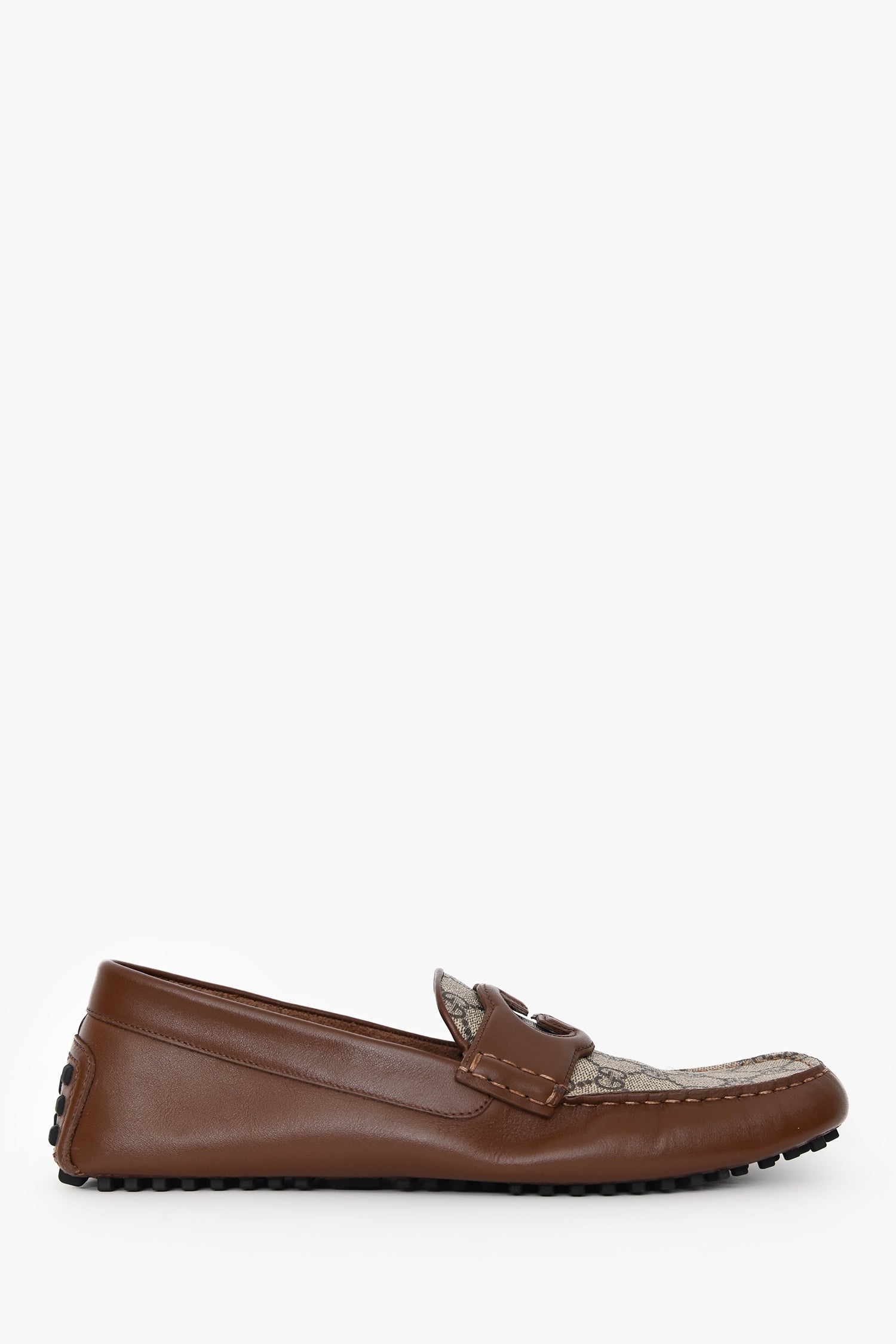 Gucci GG Supreme Canvas/Brown Leather Trim Driving Loafers Size 10.5 Mens