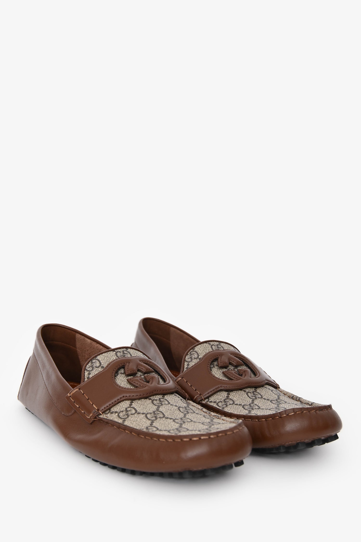 Gucci GG Supreme Canvas/Brown Leather Trim Driving Loafers Size 10.5 Mens