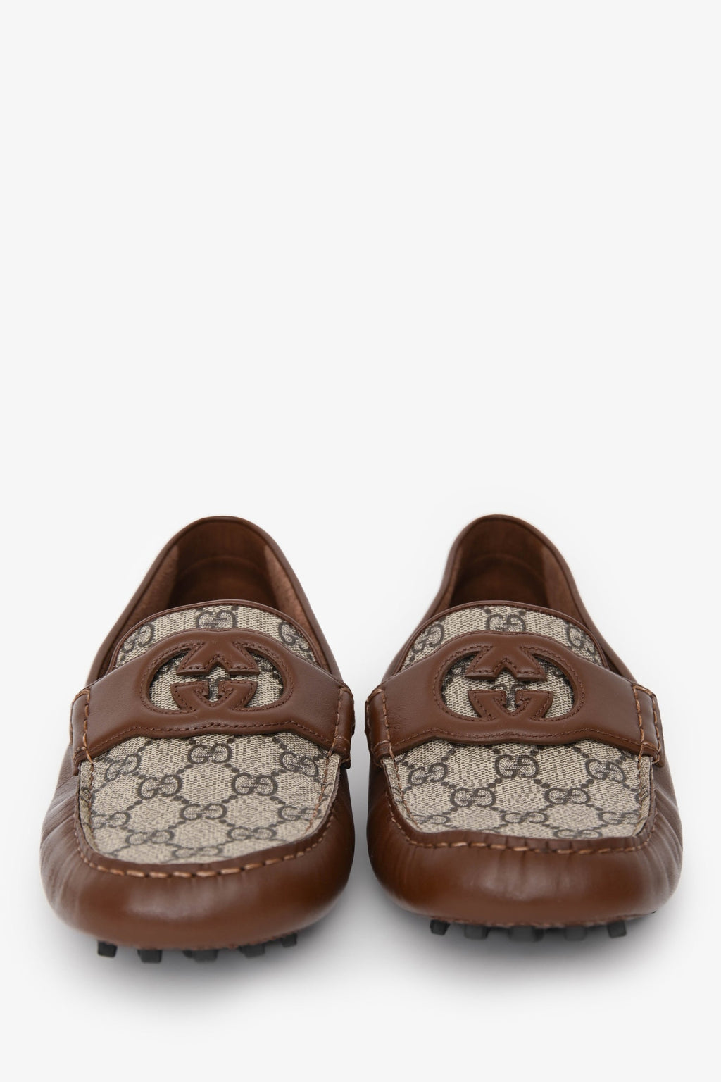 Gucci GG Supreme Canvas/Brown Leather Trim Driving Loafers Size 10.5 Mens