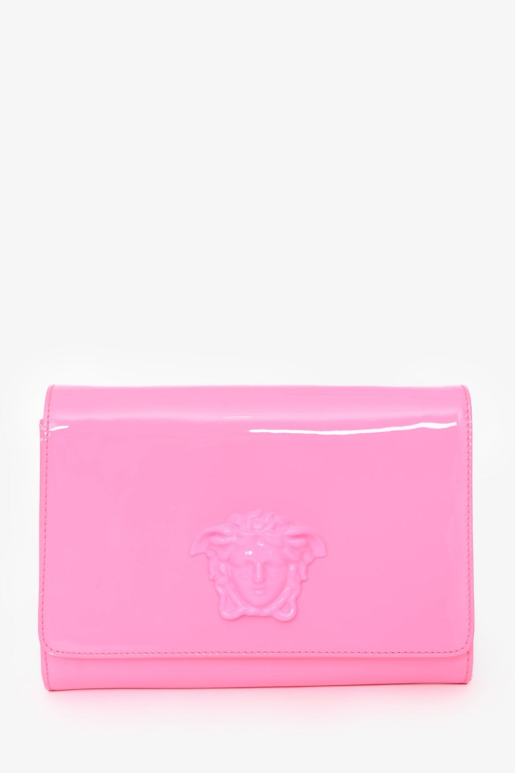 Versace Hot Pink Patent Leather Medusa Clutch With Chain