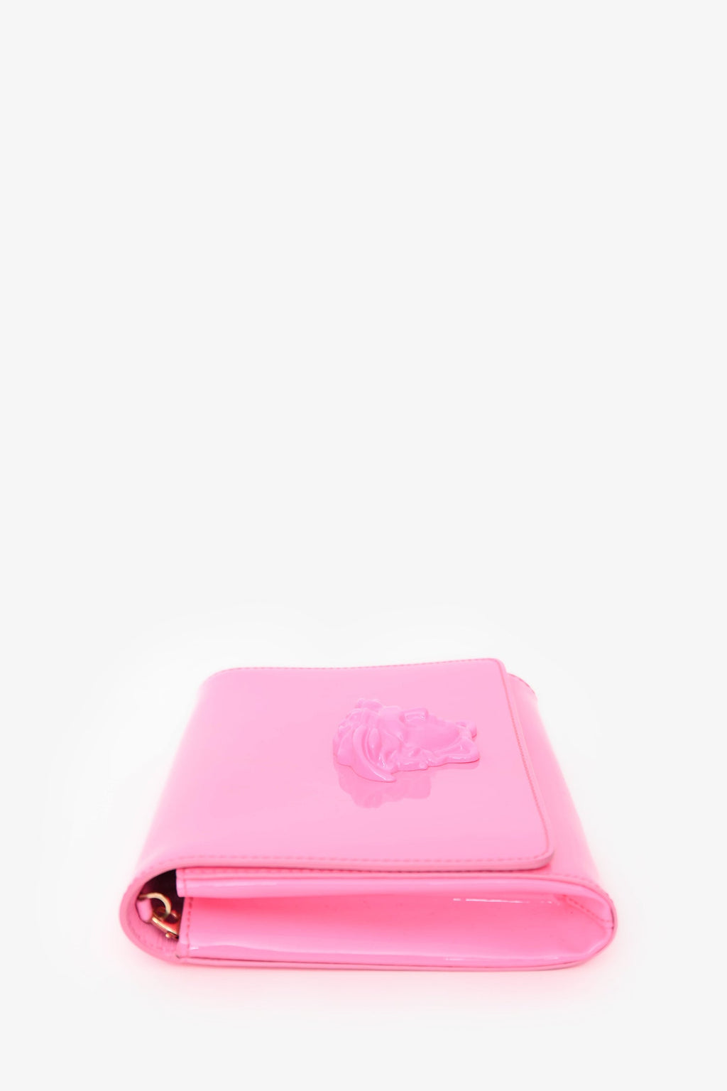 Versace Hot Pink Patent Leather Medusa Clutch With Chain