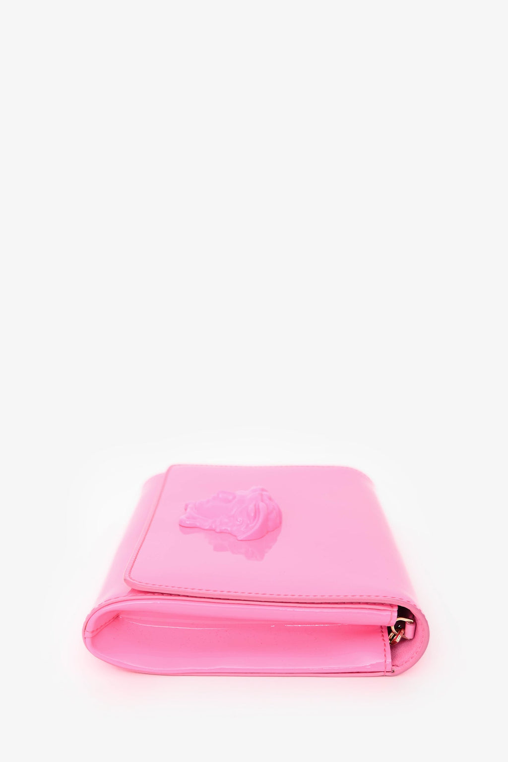 Versace Hot Pink Patent Leather Medusa Clutch With Chain