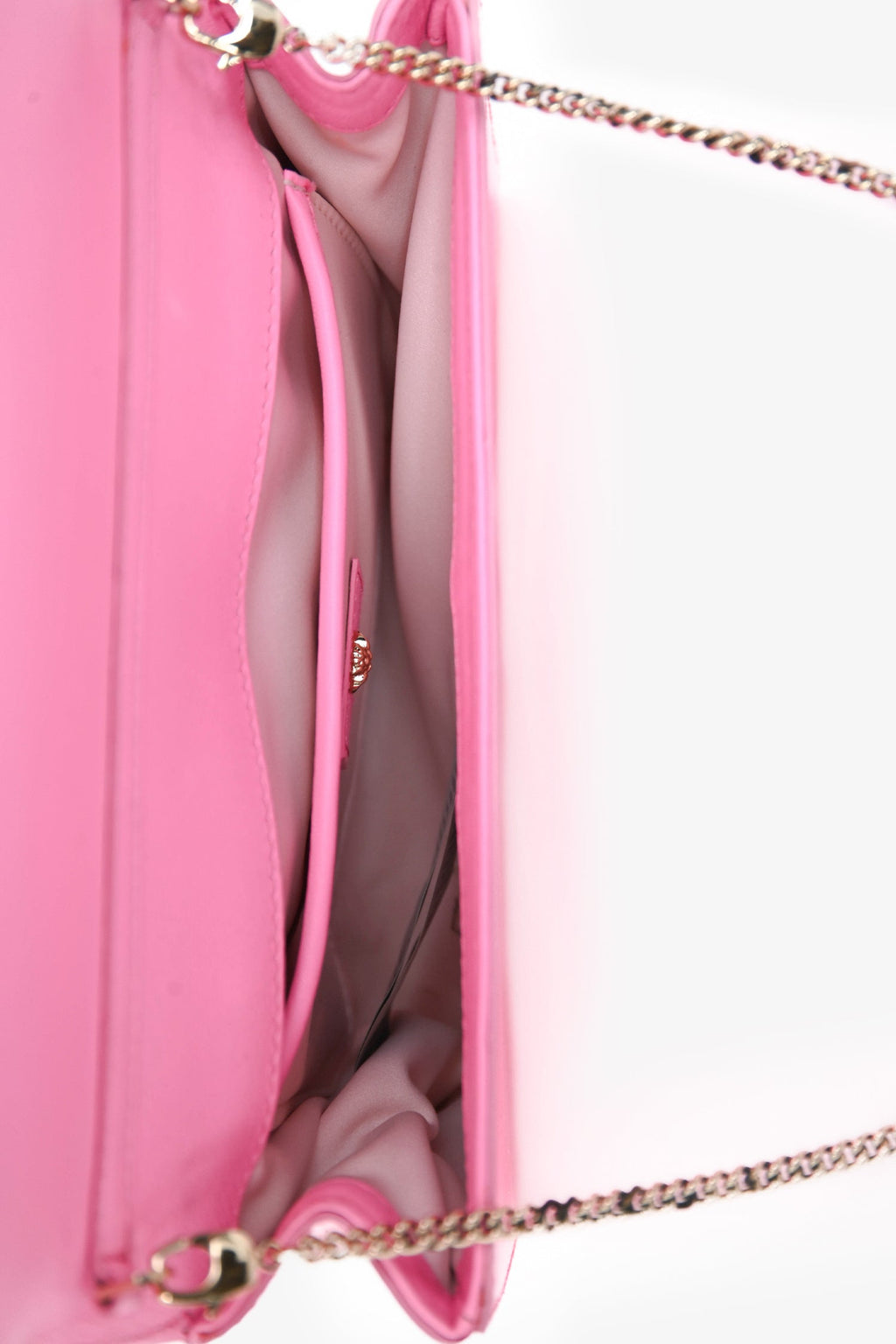 Versace Hot Pink Patent Leather Medusa Clutch With Chain