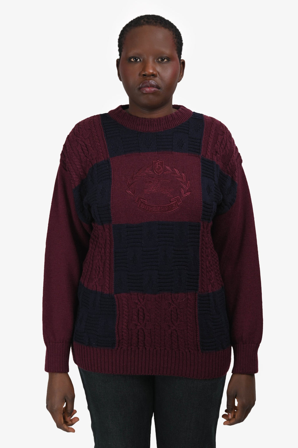 Burberrys Maroon/Navy Wool Embroidered Logo Check Sweater Est. Size M