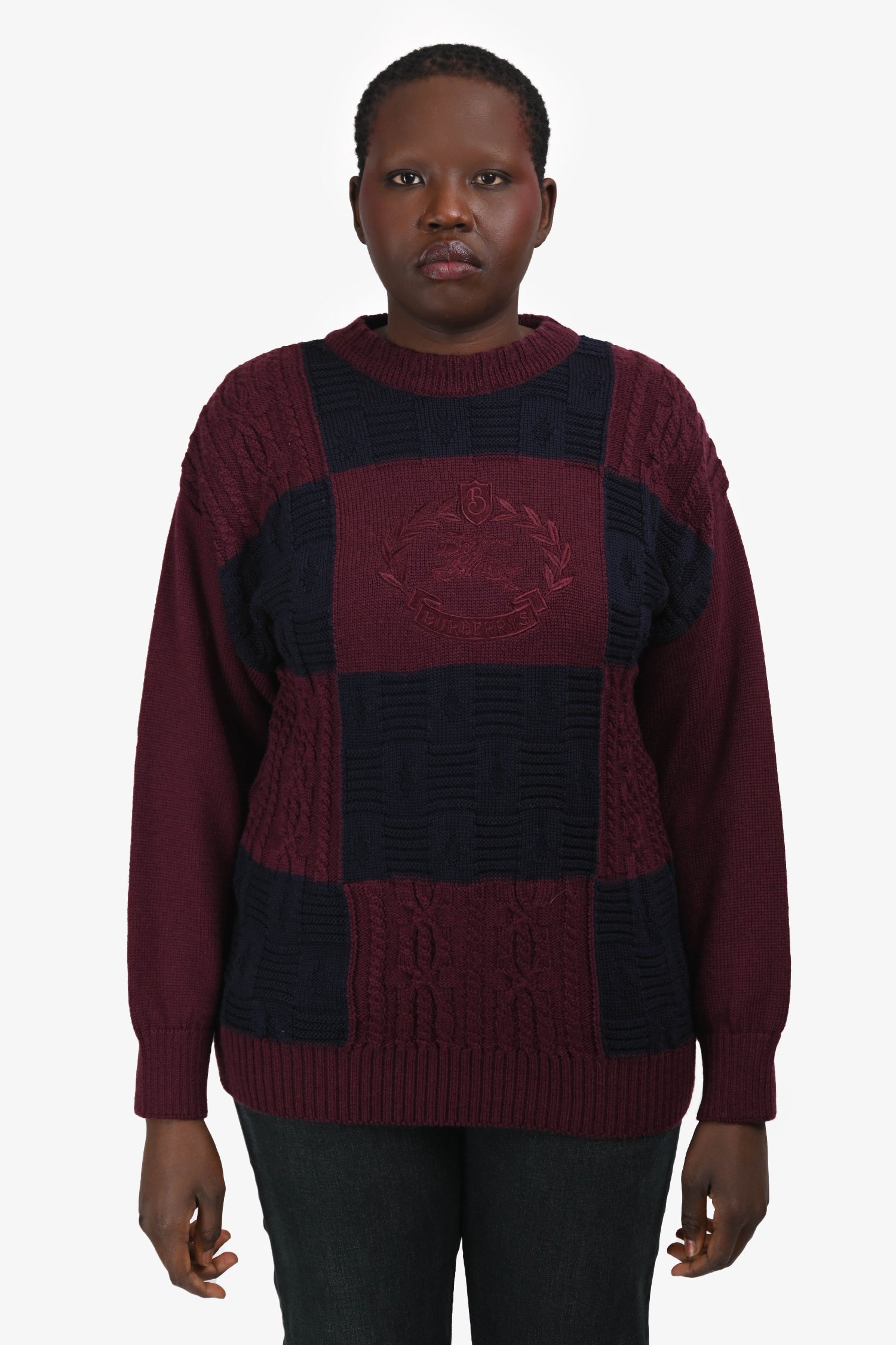Burberrys Maroon/Navy Wool Embroidered Logo Check Sweater Est. Size M