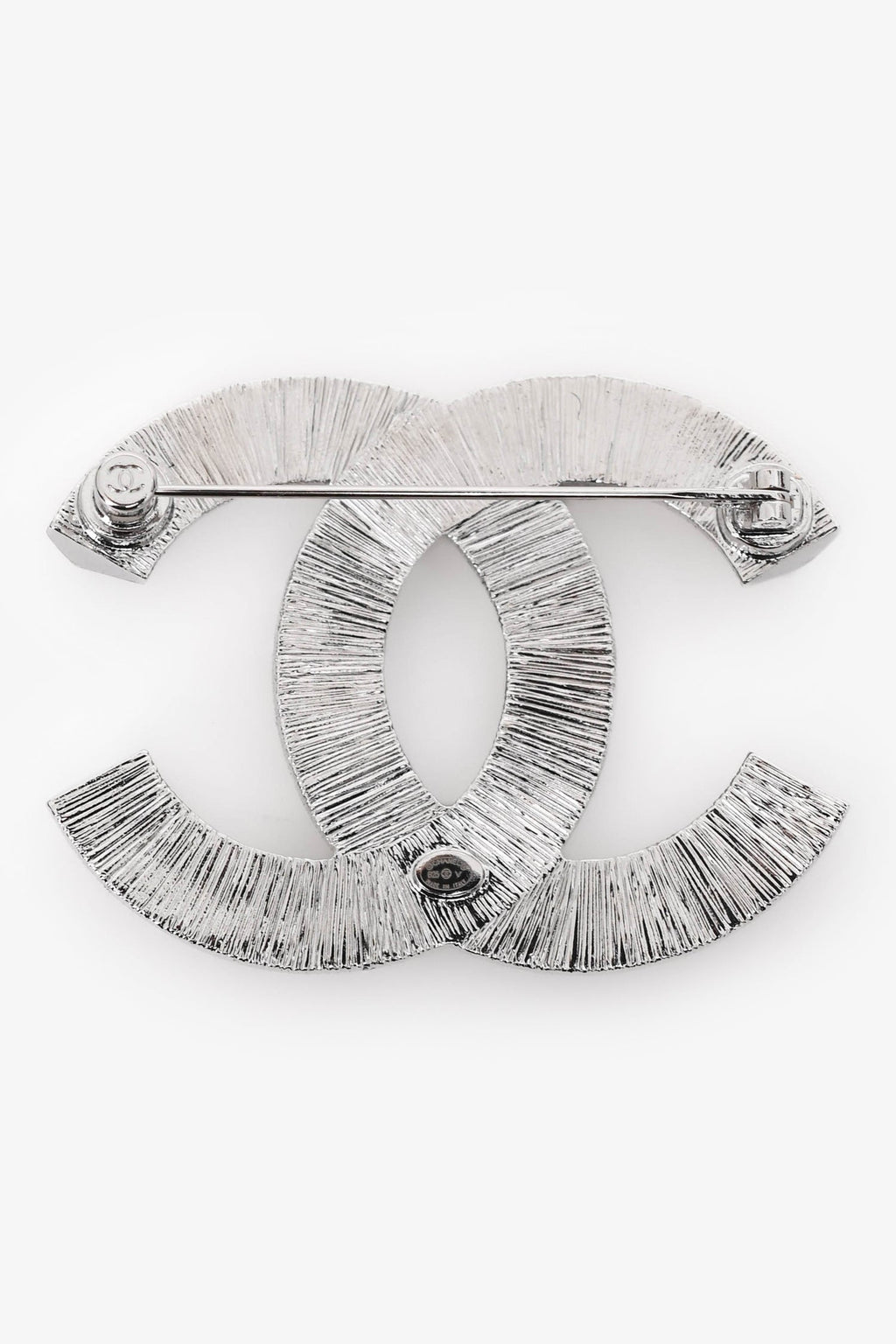 Pre-Loved Chanel™ Silver Tone Crystal Embellished CC Brooch