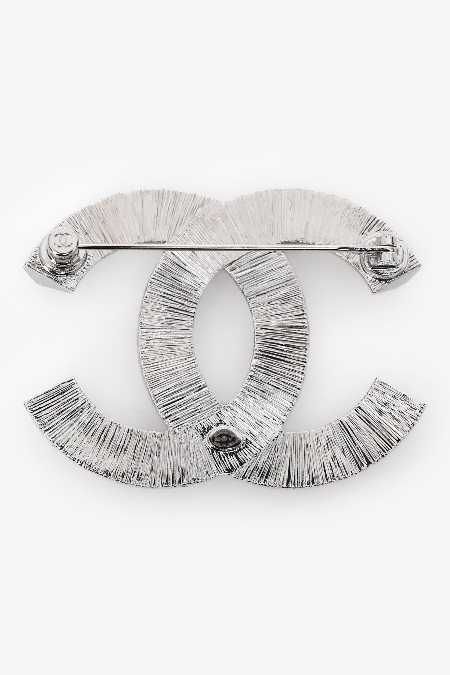Pre-Loved Chanel™ Silver Tone Crystal Embellished CC Brooch