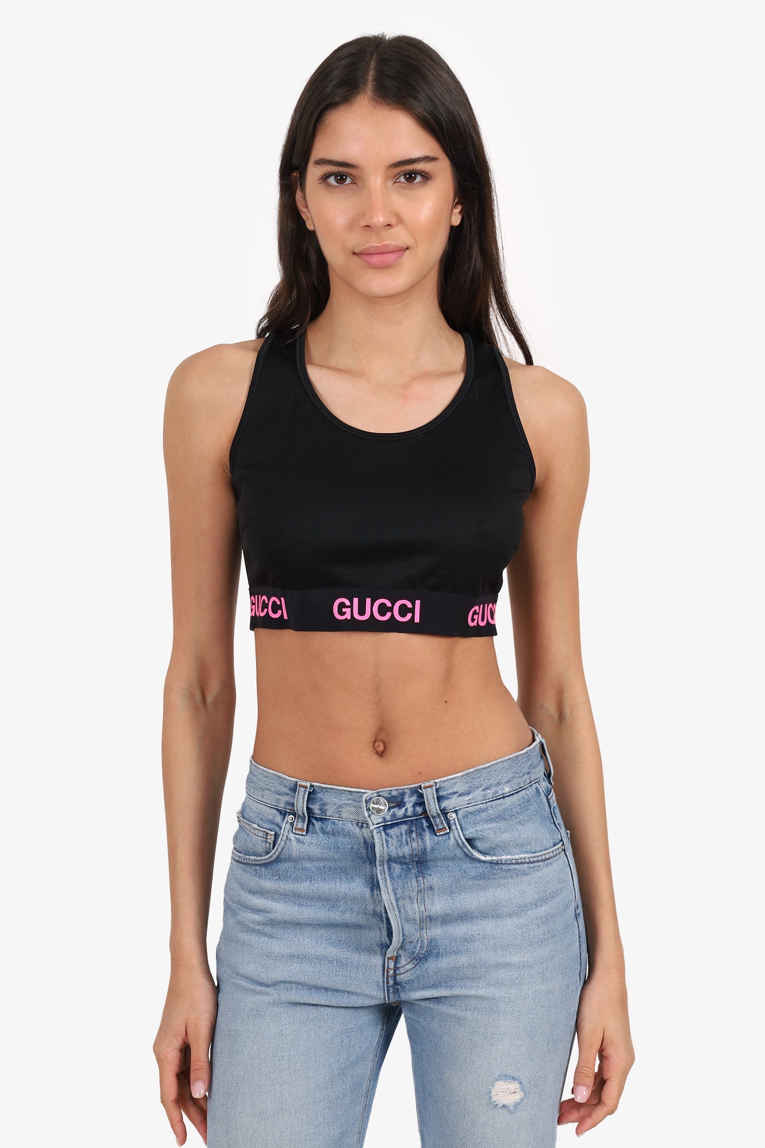 Gucci Black/Neon Pink Logo Sports Bralette Size M