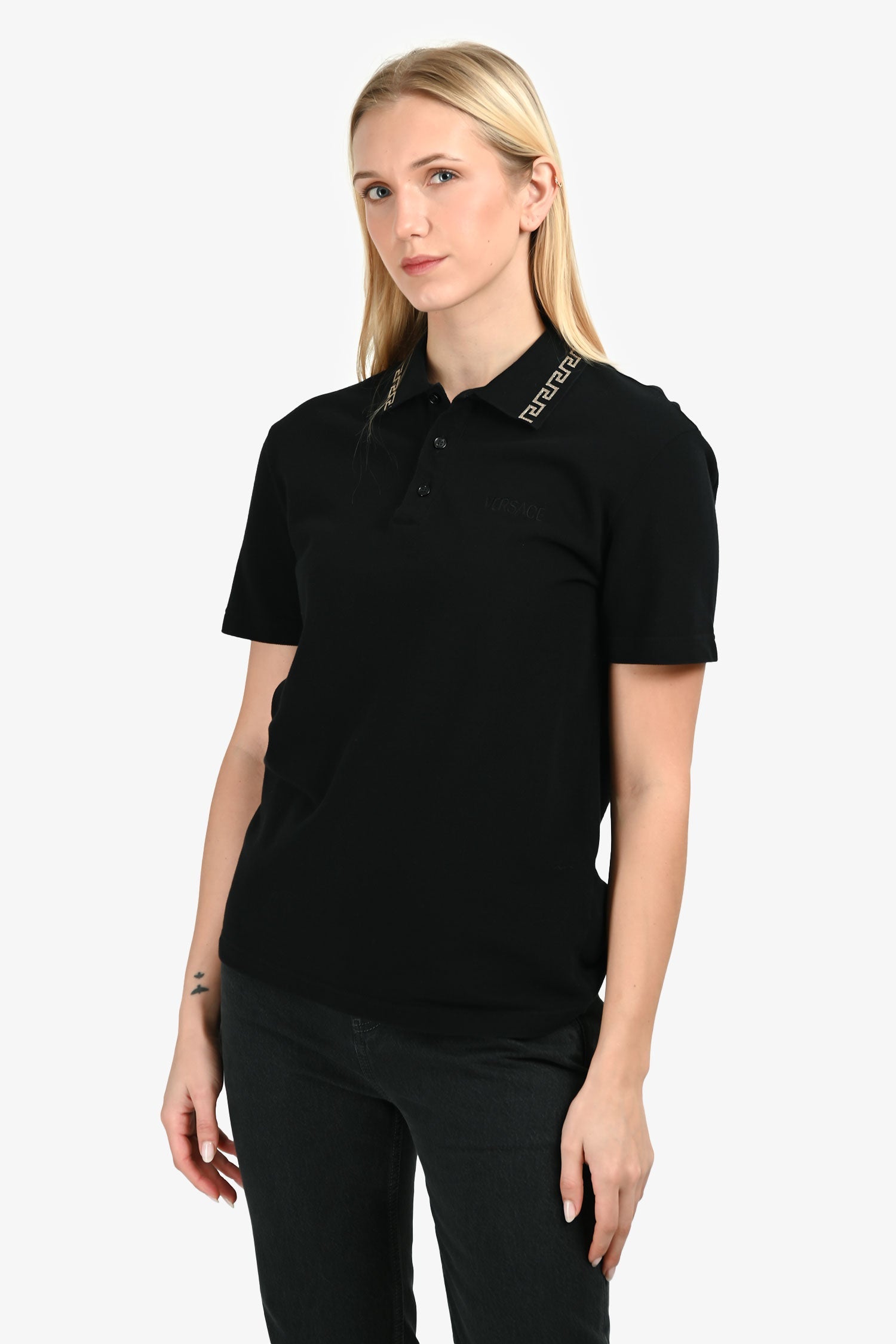 Versace Black/Gold Cotton Greca Collar Polo T-Shirt Size M Mens