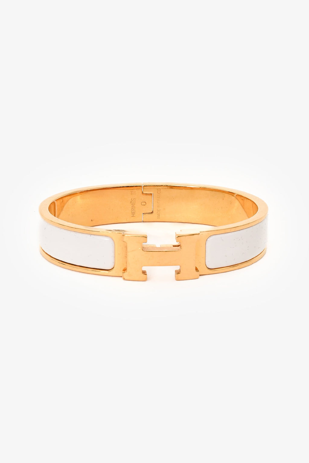 Hermès Gold Tone White Ceramic 'Clic Clac H' Thin Bracelet