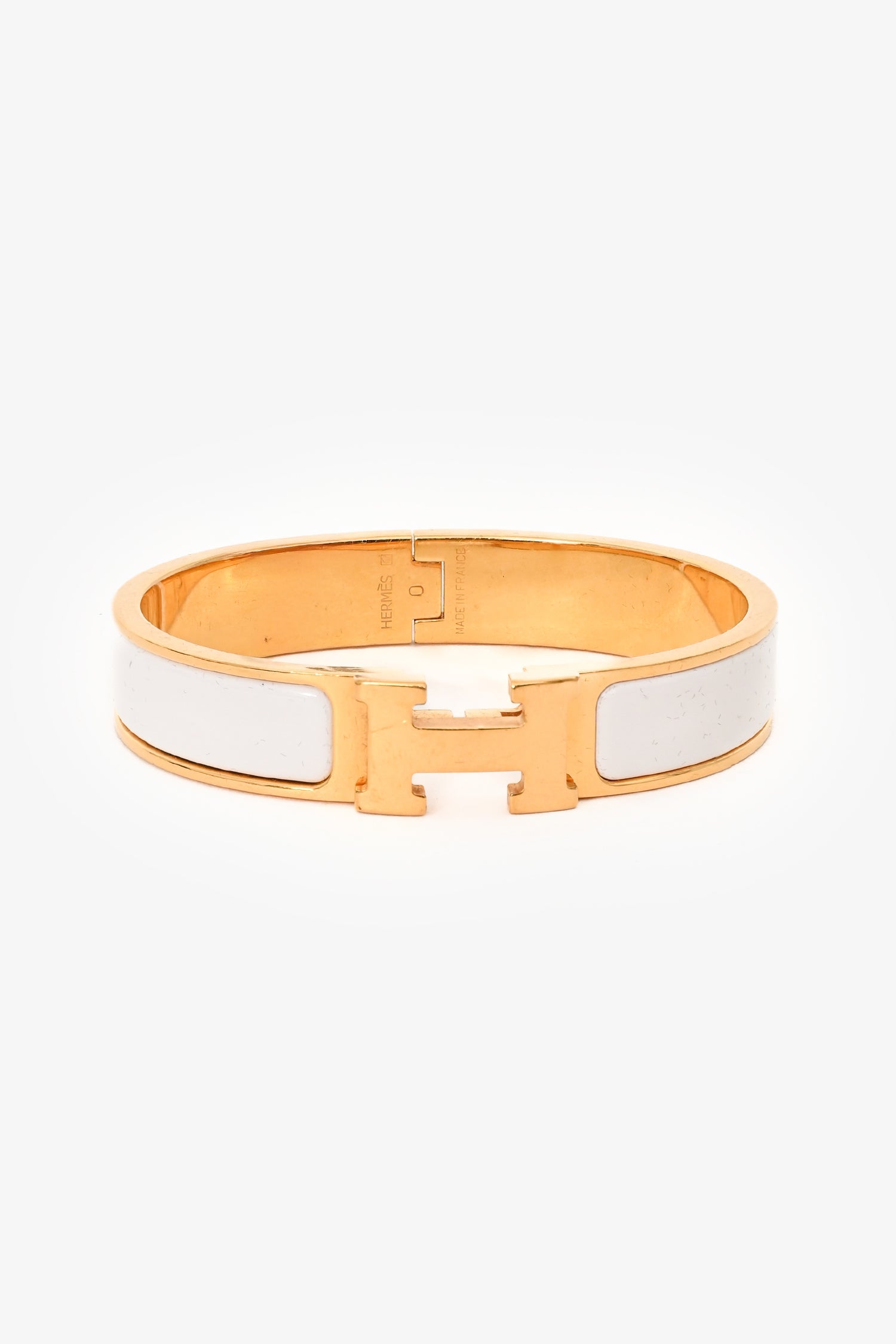 Hermès Gold Tone White Ceramic 'Clic Clac H' Thin Bracelet