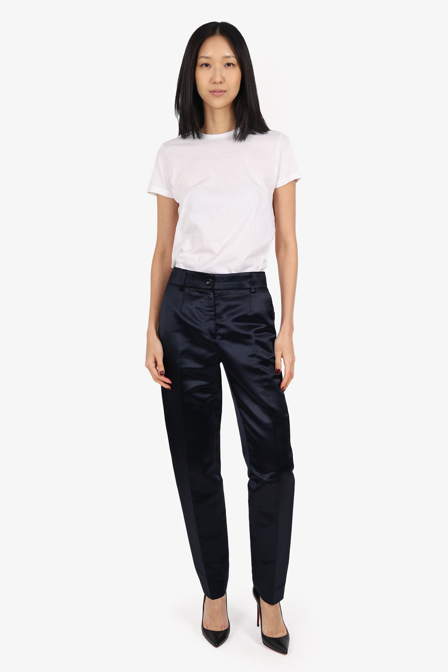 D&G Dolce & Gabbana Black Satin High Waisted Trousers Size 40