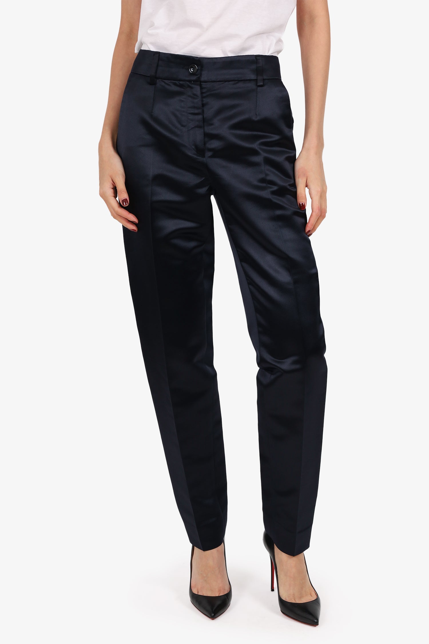 D&G Dolce & Gabbana Black Satin High Waisted Trousers Size 40