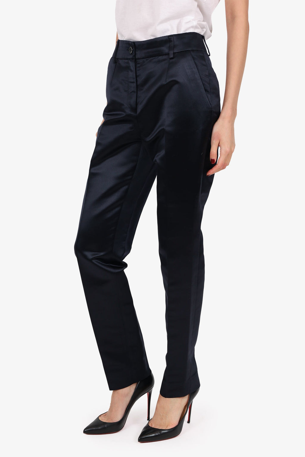 D&G Dolce & Gabbana Black Satin High Waisted Trousers Size 40