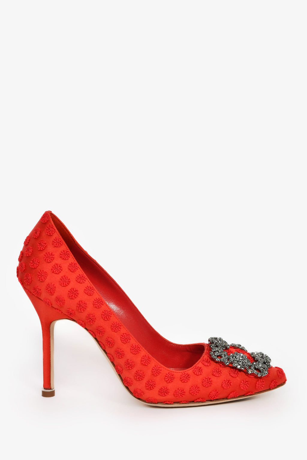 Manolo Blahnik Red Satin Crystal Embellished 'Hangisi' Heels Size 36.5