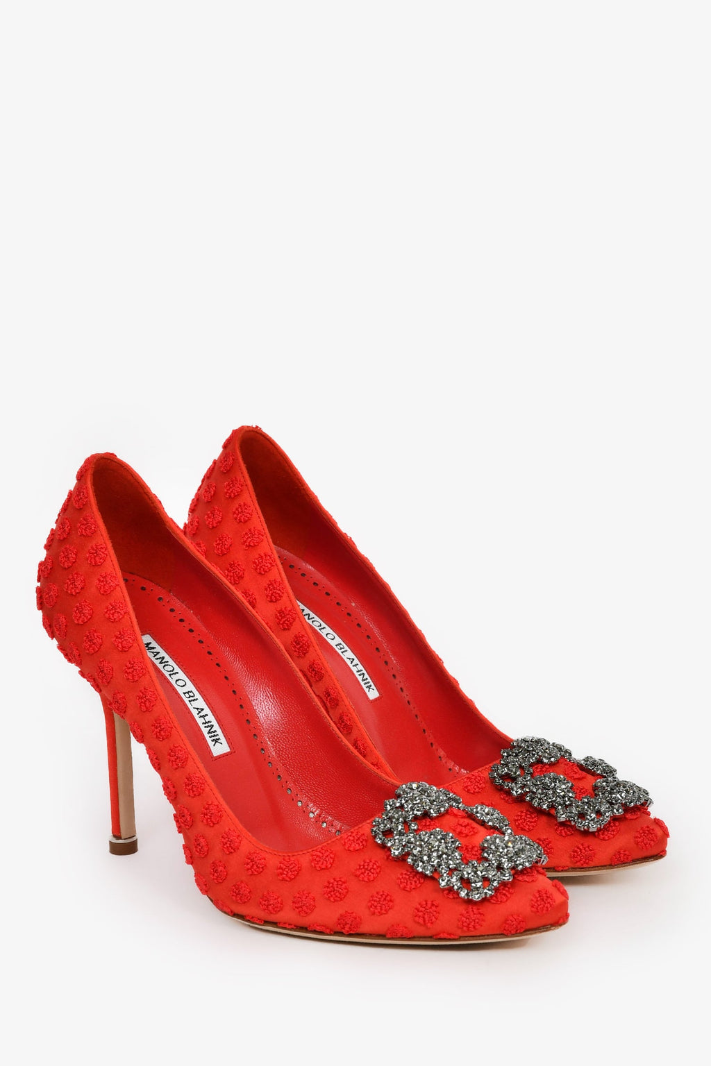 Manolo Blahnik Red Satin Crystal Embellished 'Hangisi' Heels Size 36.5