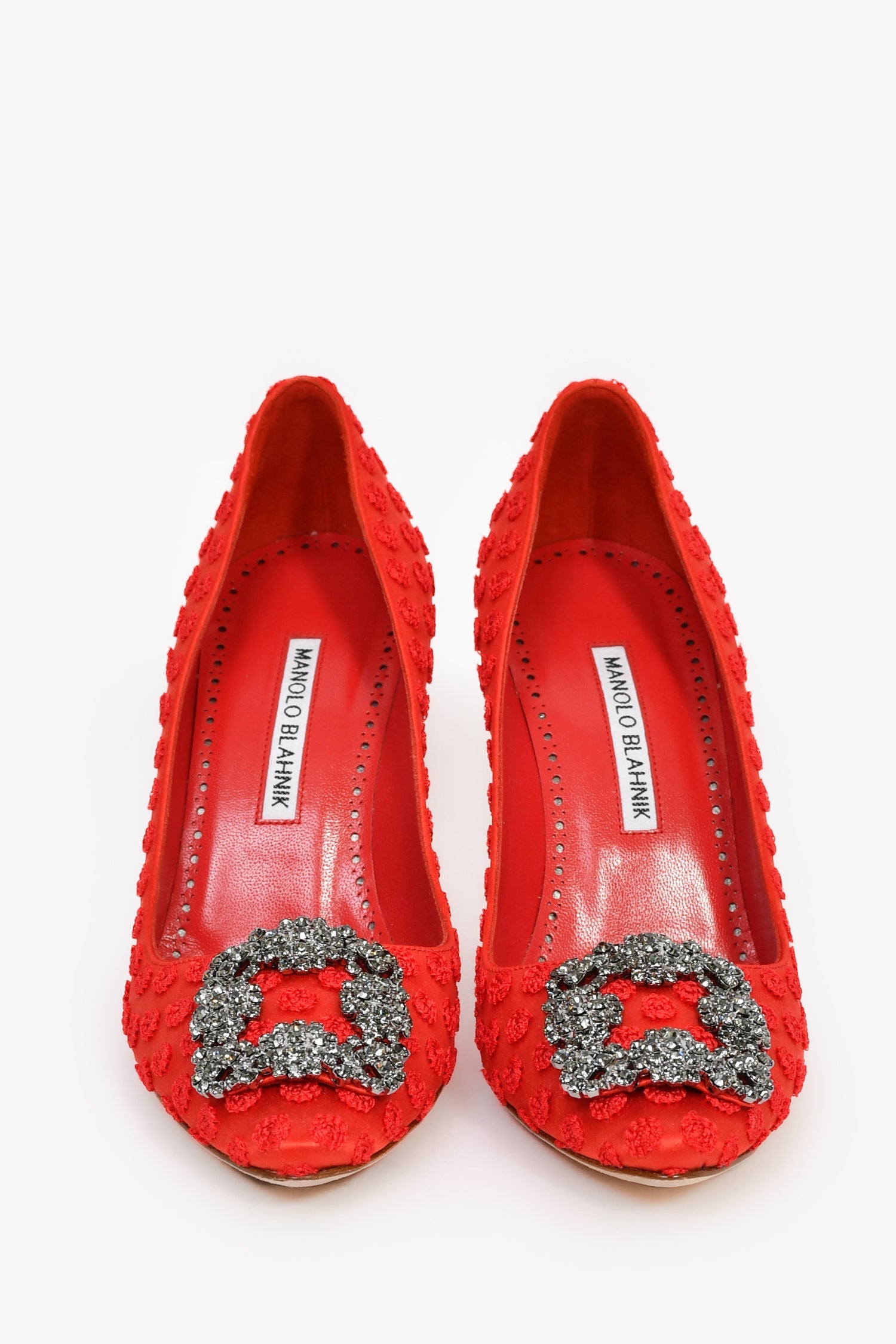 Manolo Blahnik Red Satin Crystal Embellished 'Hangisi' Heels Size 36.5