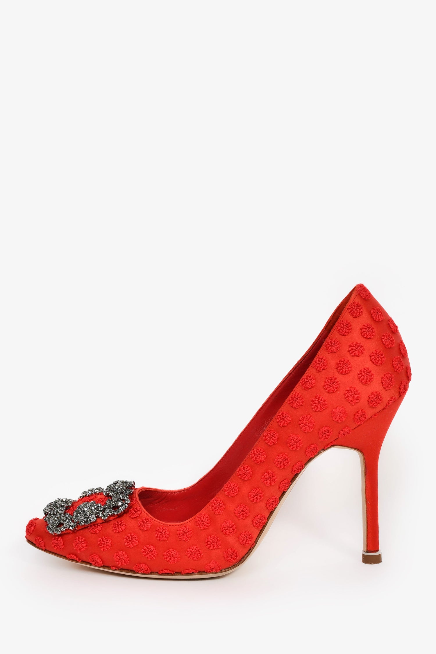 Manolo Blahnik Red Satin Crystal Embellished 'Hangisi' Heels Size 36.5