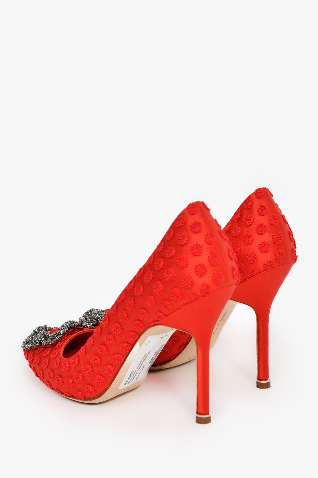 Manolo Blahnik Red Satin Crystal Embellished 'Hangisi' Heels Size 36.5