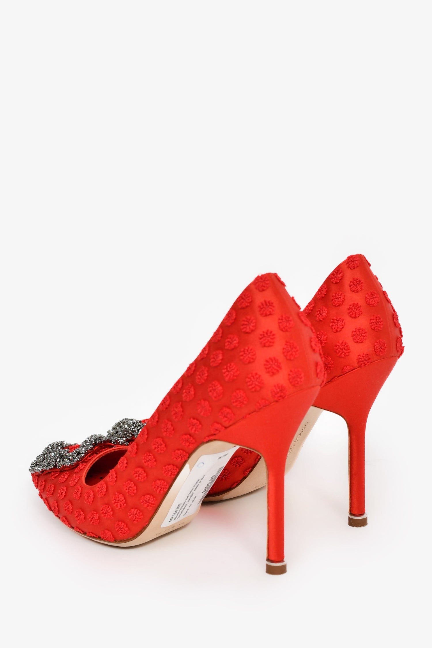 Manolo Blahnik Red Satin Crystal Embellished 'Hangisi' Heels Size 36.5