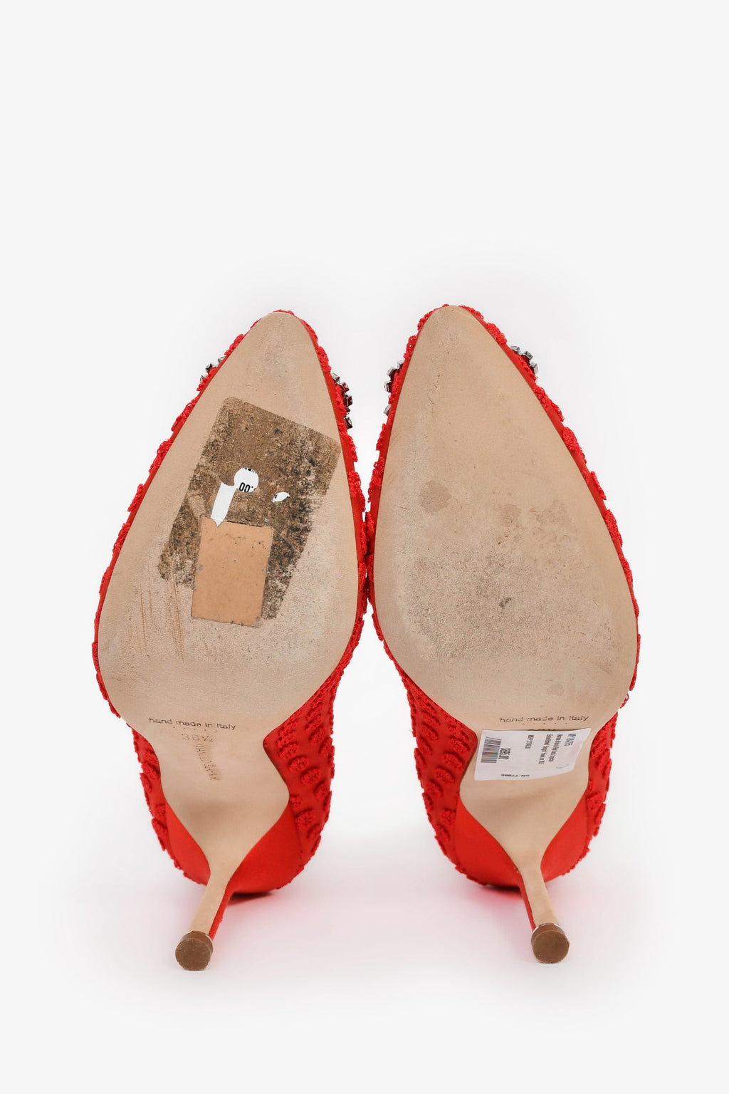 Manolo Blahnik Red Satin Crystal Embellished 'Hangisi' Heels Size 36.5