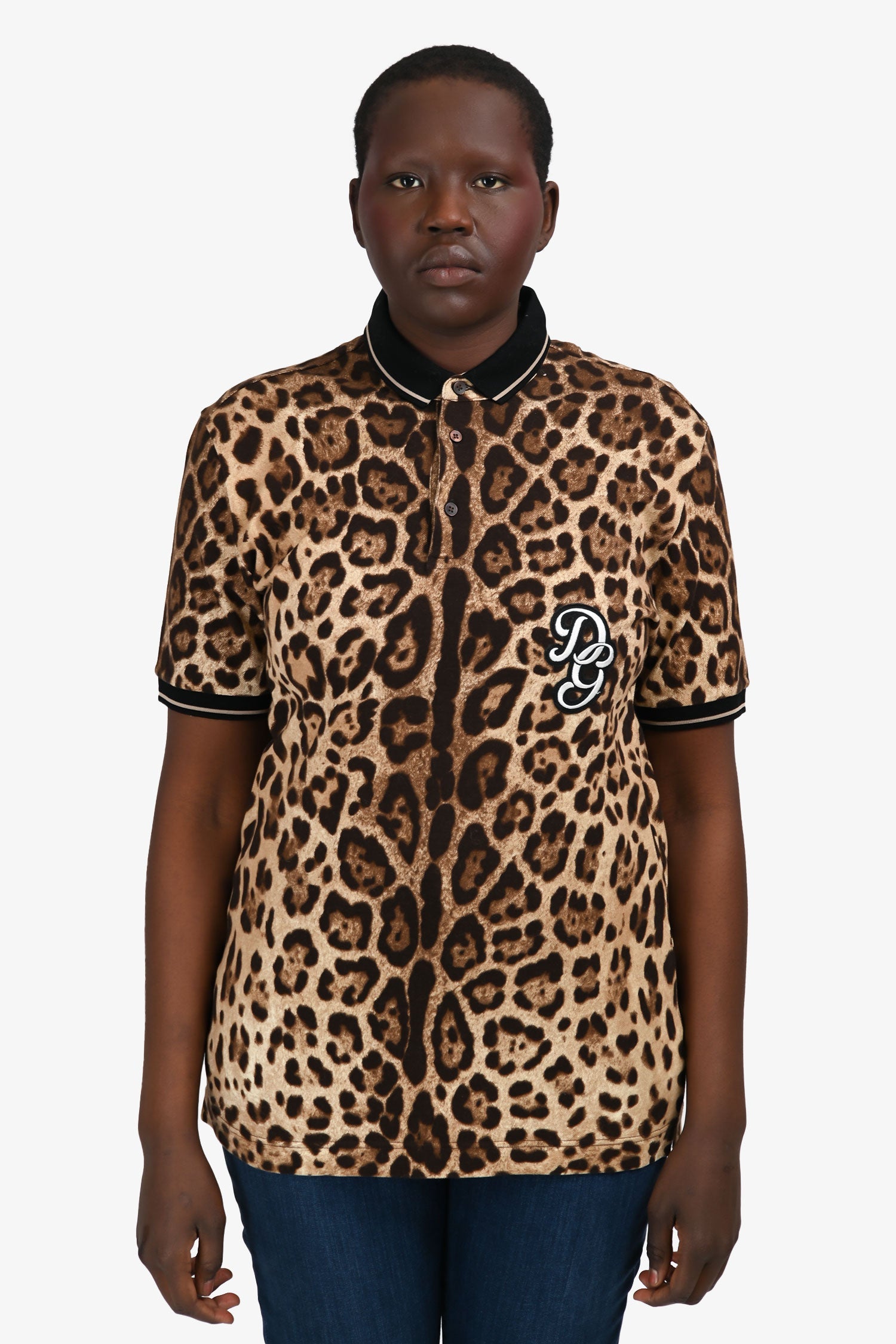 Dolce & Gabbana Leopard Print Cotton Polo T-Shirt Size 48 Mens