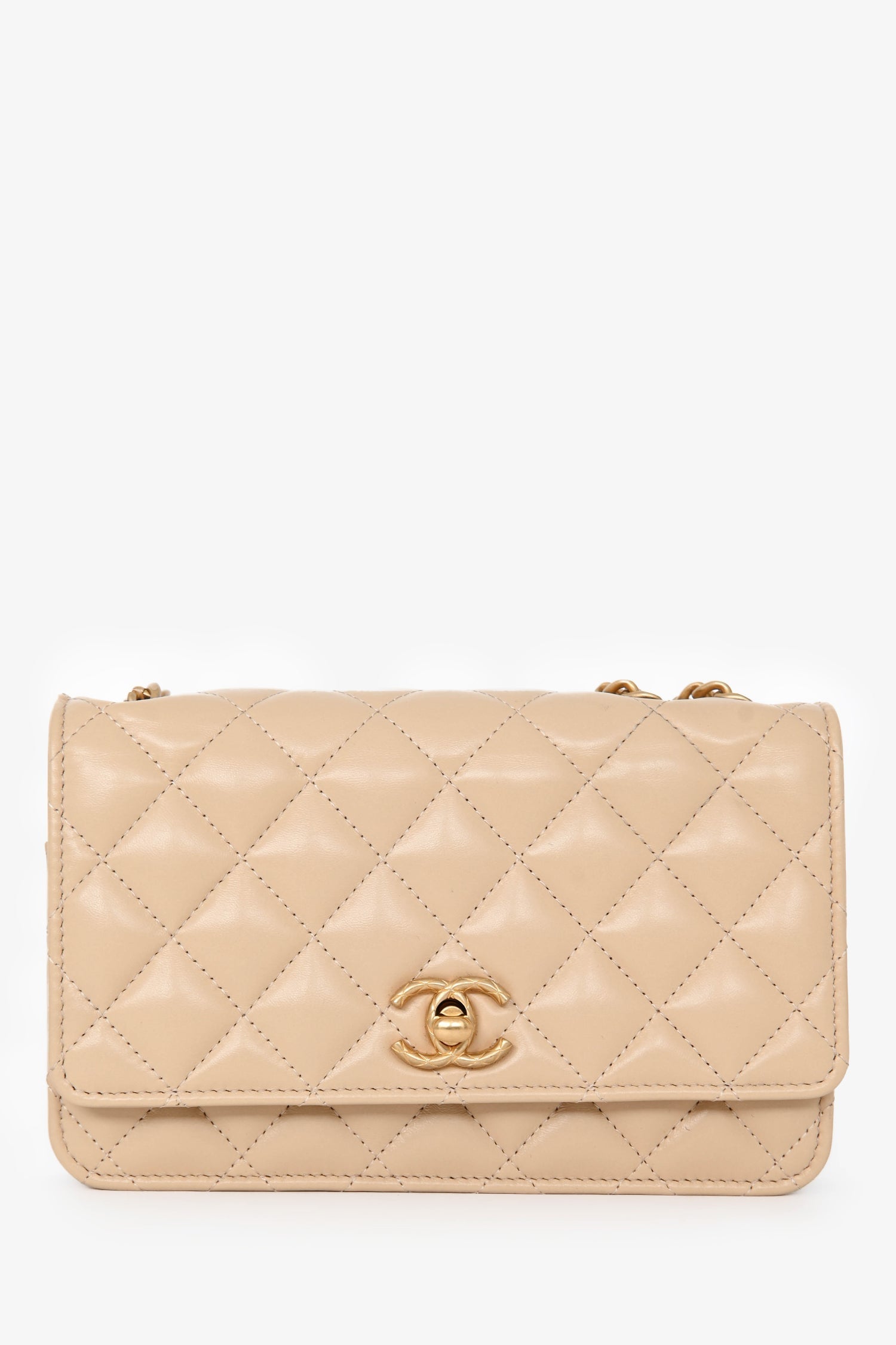 Pre-Loved Chanel™ Beige Lambskin Leather 'All Slide' Wallet on Chain