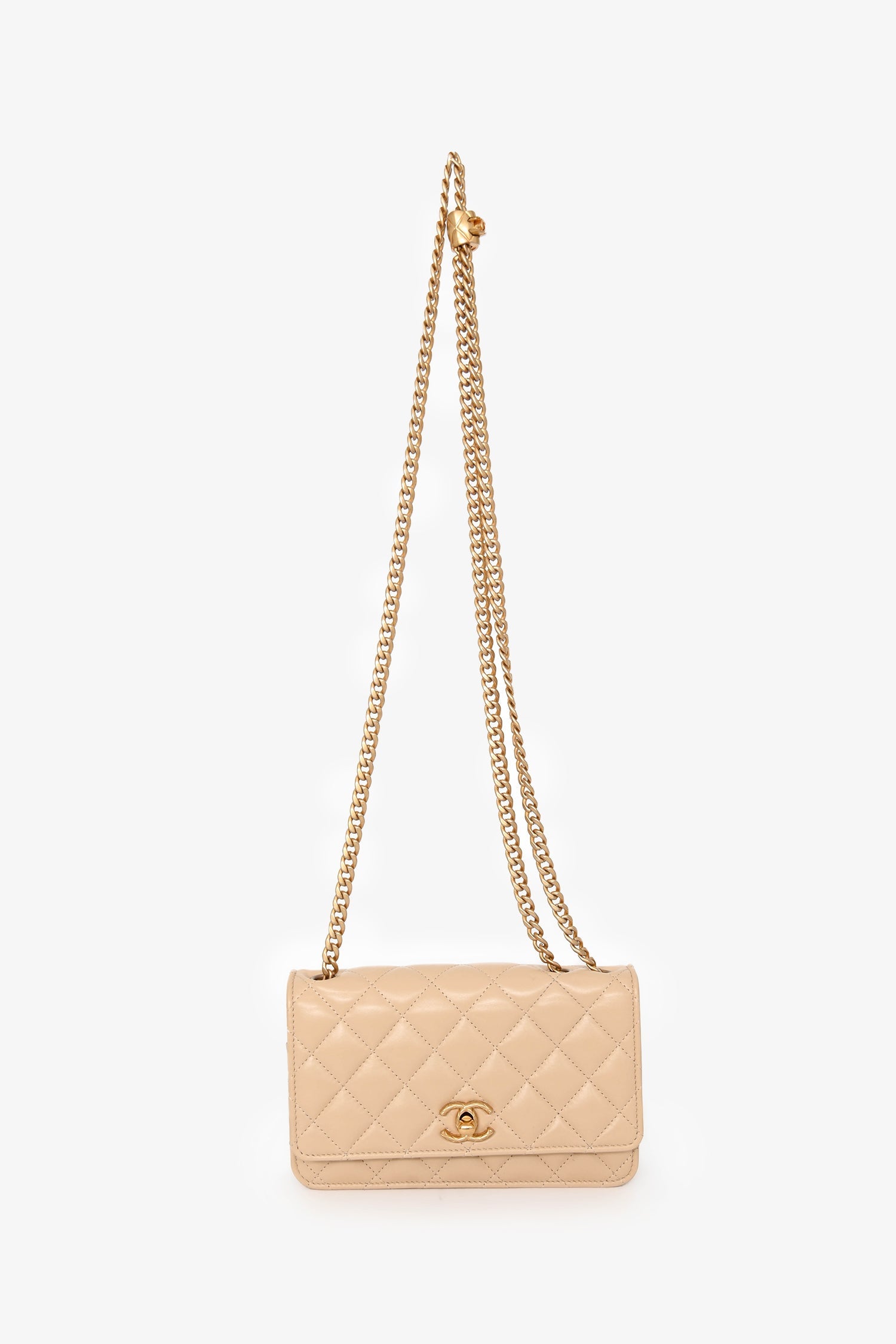 Pre-Loved Chanel™ Beige Lambskin Leather 'All Slide' Wallet on Chain