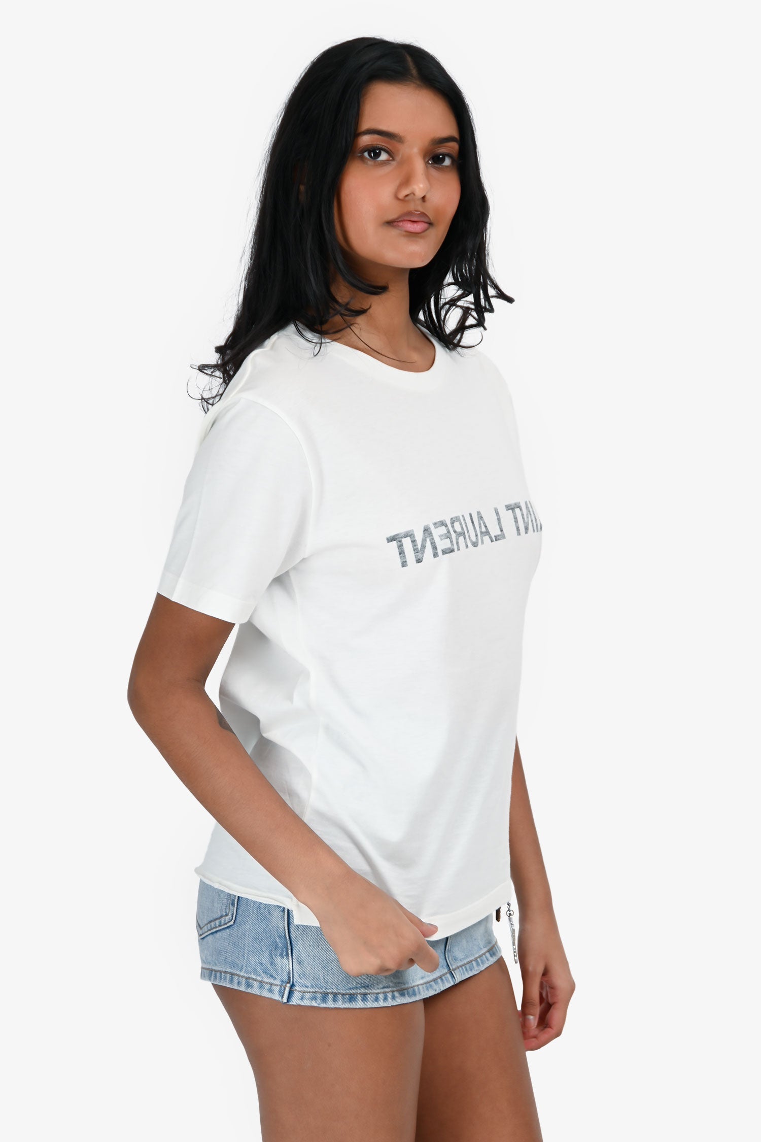 Saint Laurent White/Black Faded Logo Short Sleeve Tee Size M