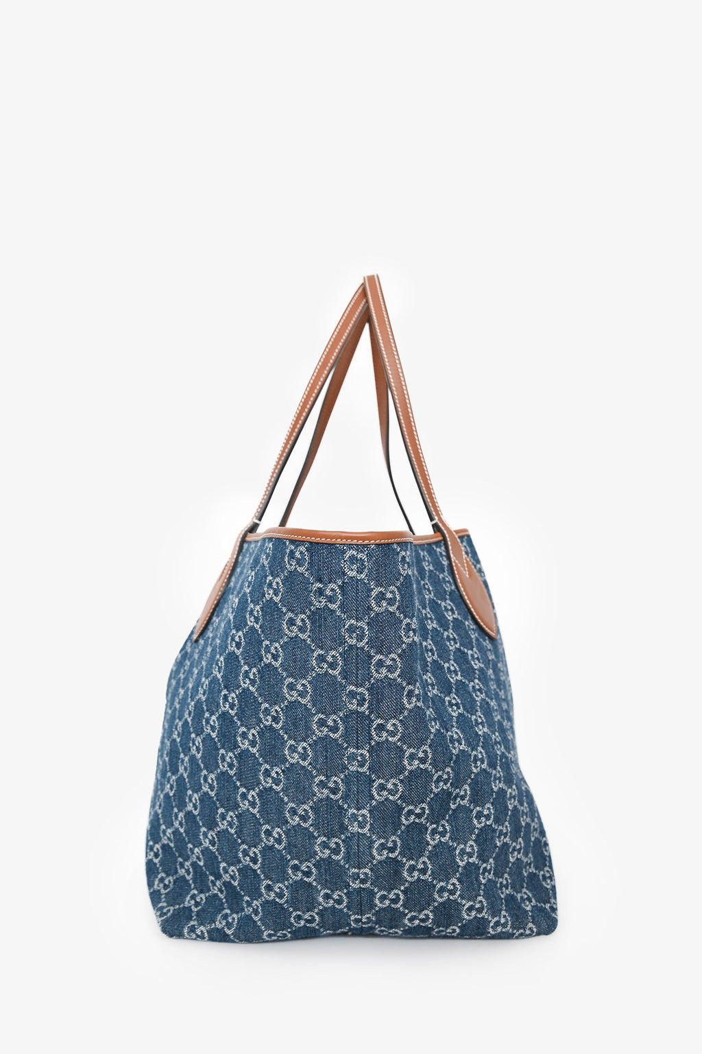 Gucci Blue Monogram Denim Reversible Brown Leather Trim Totissima Tote Bag with Pouch