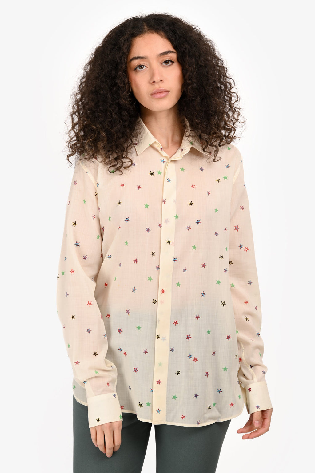 Saint Laurent 2018 White/Multicolour Wool Star Printed Button Down Shirt Size 38