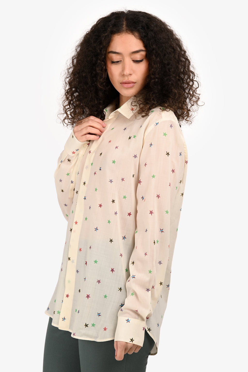 Saint Laurent 2018 White/Multicolour Wool Star Printed Button Down Shirt Size 38