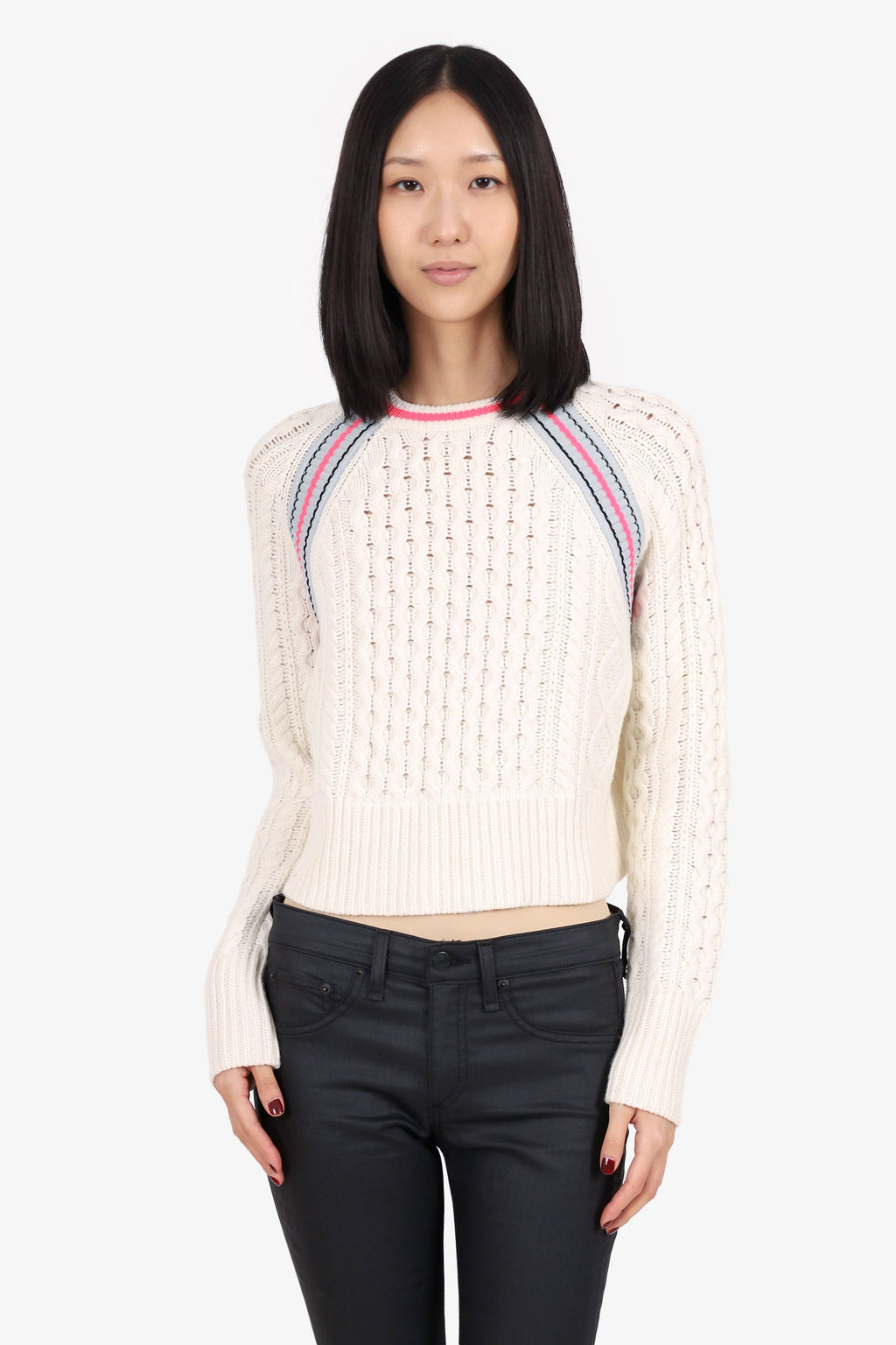 T by Alexander Wang Cream Wool Blend Cable Knit Neon Stripe Cropped Sweater Size XS