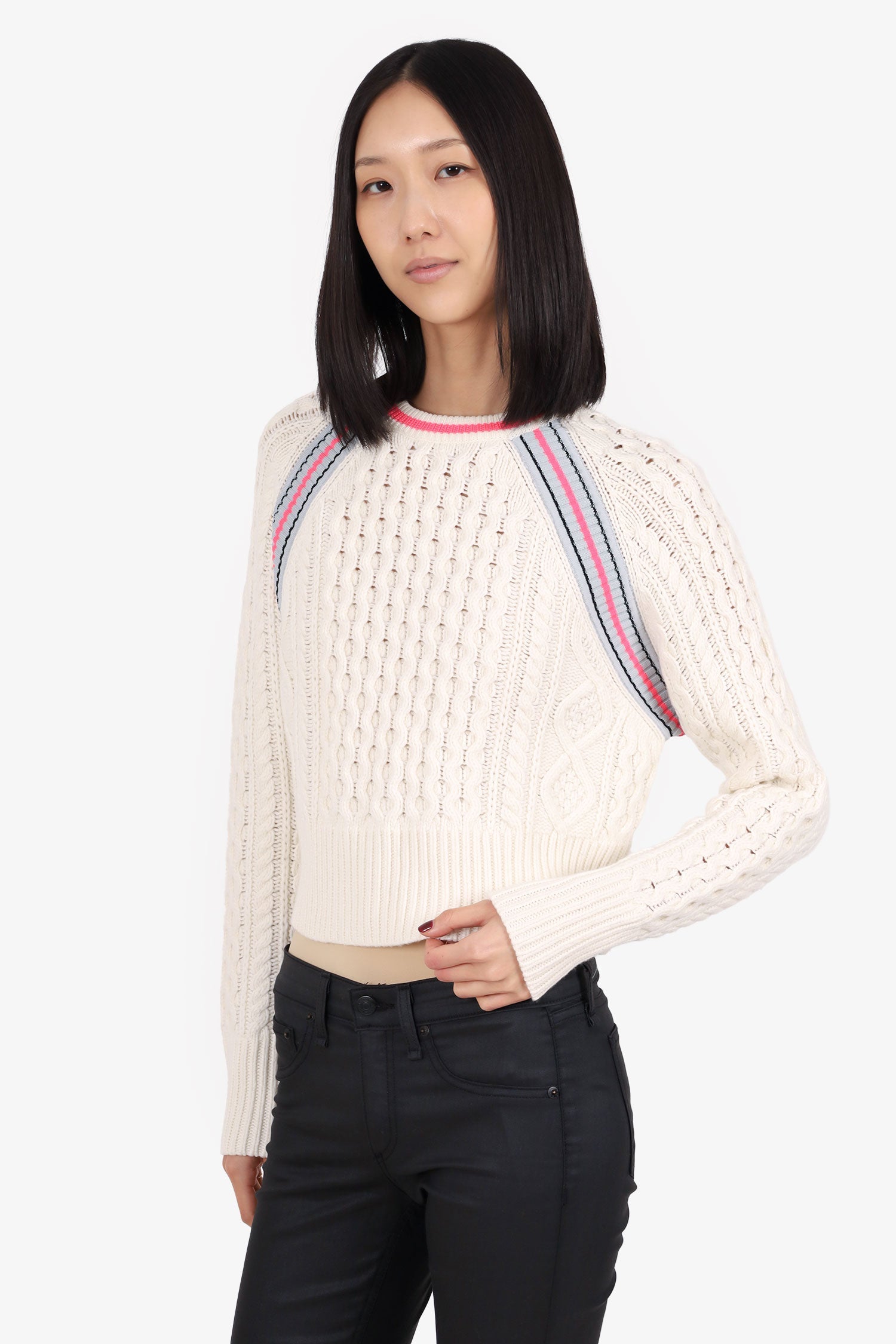T by Alexander Wang Cream Wool Blend Cable Knit Neon Stripe Cropped Sweater Size XS