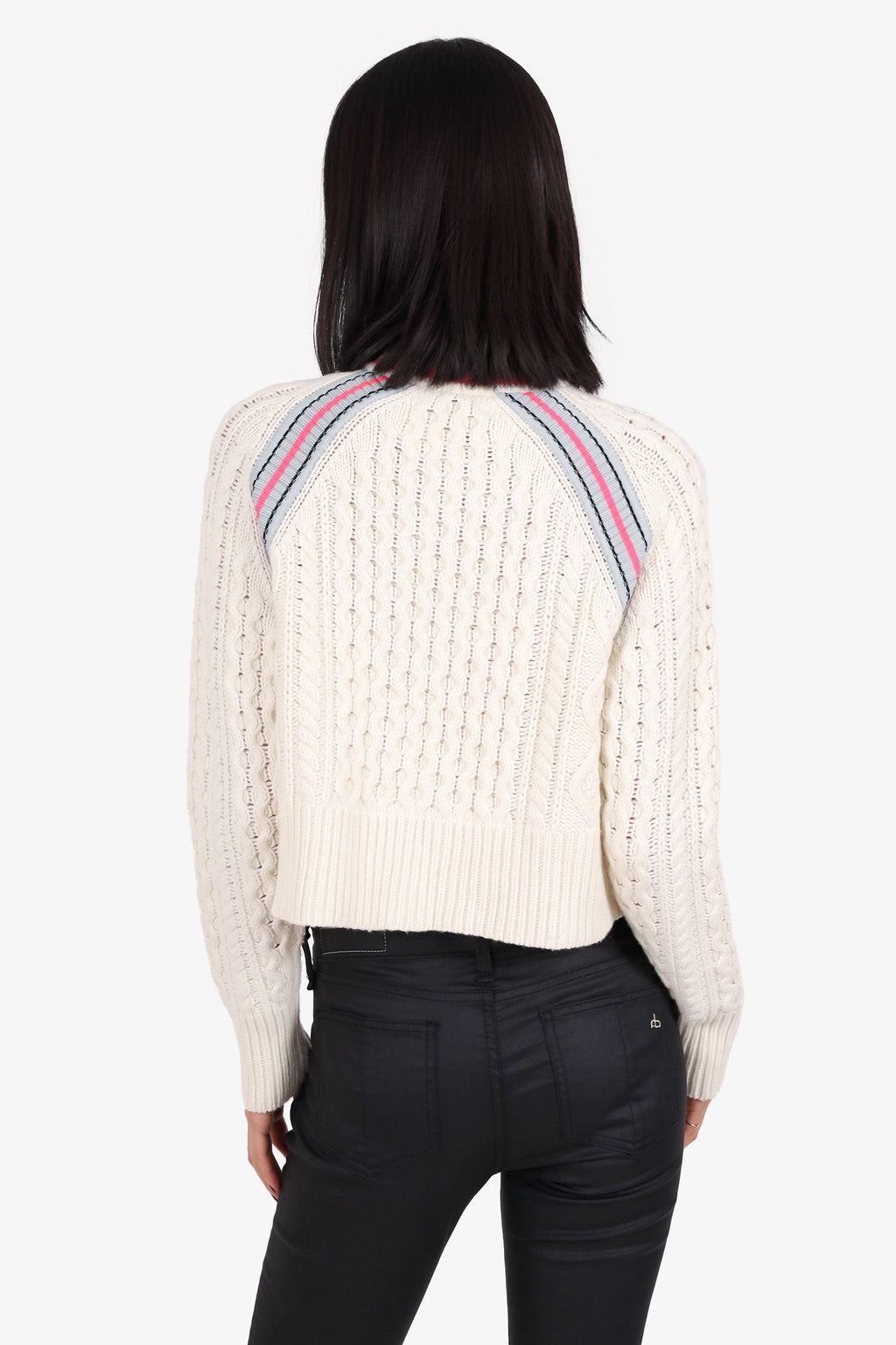 T by Alexander Wang Cream Wool Blend Cable Knit Neon Stripe Cropped Sweater Size XS
