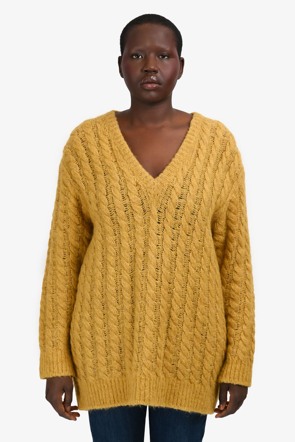 Miu Miu 2017 Yellow Alpaca/Virgin Wool Cable Knit V-Neck Sweater Size 42