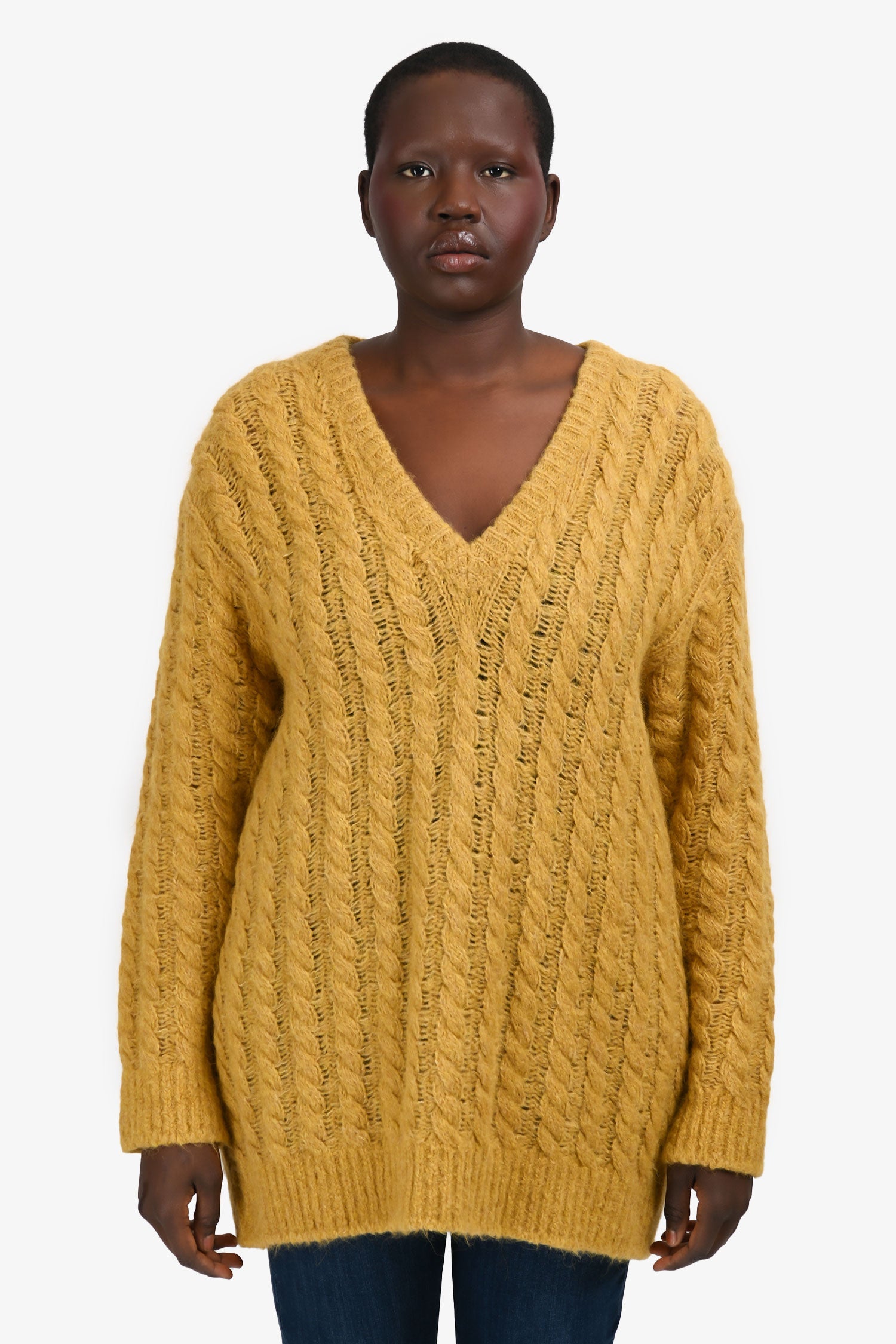 Miu Miu 2017 Yellow Alpaca/Virgin Wool Cable Knit V-Neck Sweater Size 42