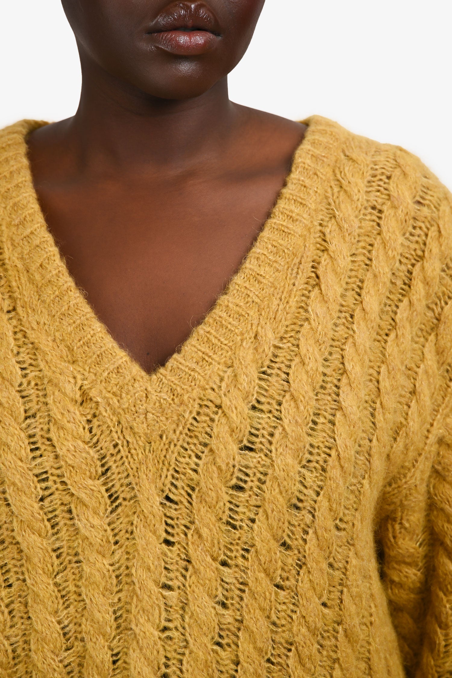 Miu Miu 2017 Yellow Alpaca/Virgin Wool Cable Knit V-Neck Sweater Size 42