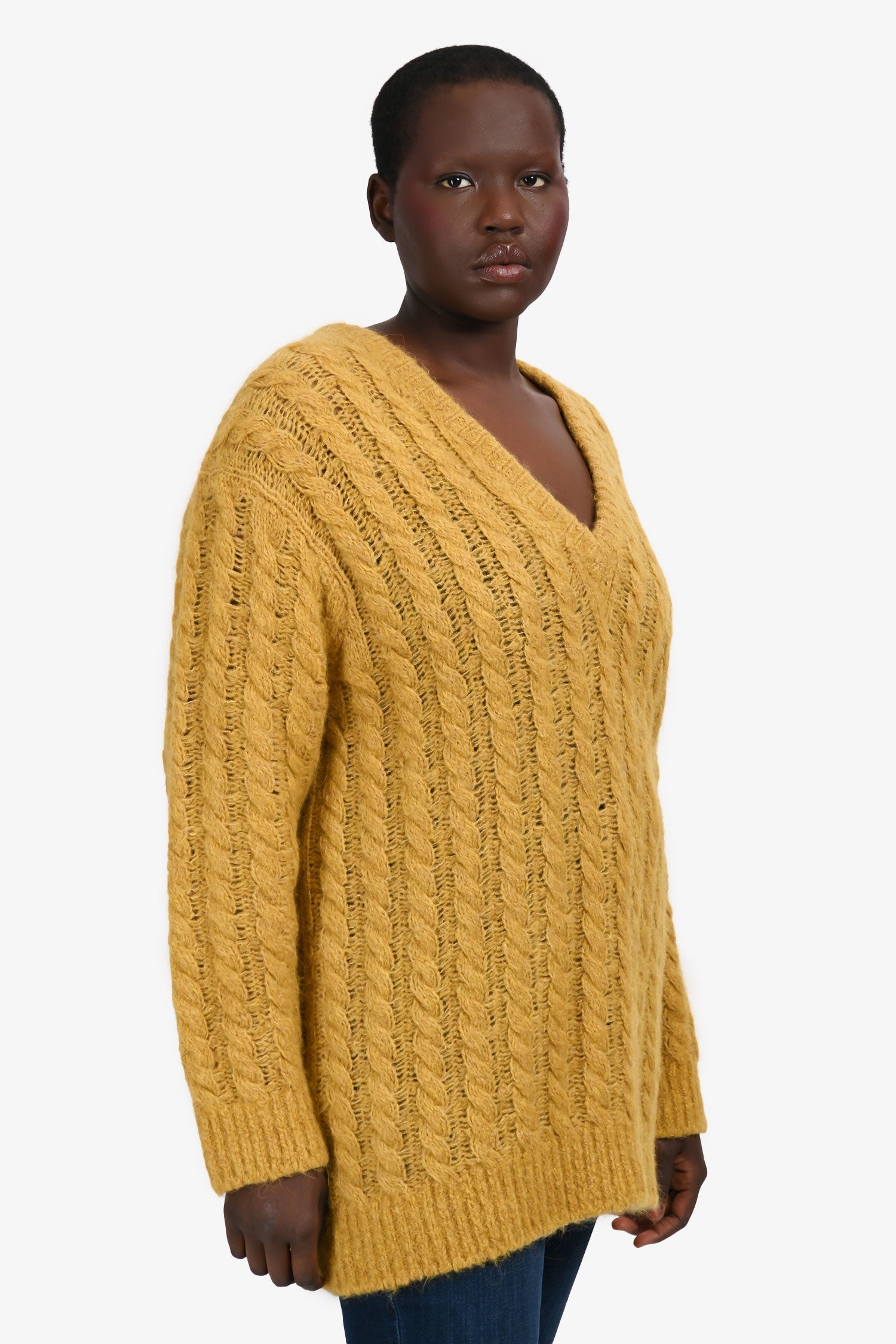 Miu Miu 2017 Yellow Alpaca/Virgin Wool Cable Knit V-Neck Sweater Size 42